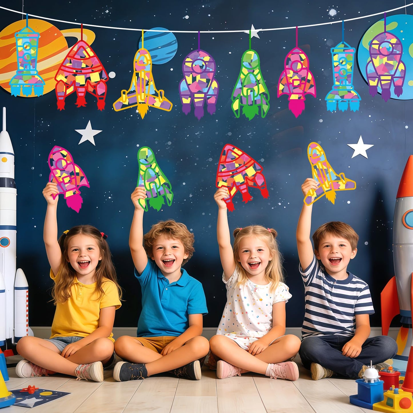 Peconal 24 Sets Rocket Suncatchers Craft Kit DIY Space Rocket Themed Stained Glass Effect Window Tissue Paper Art Hanging Decor for Boys Girls Birthday Gifts Unique Designs Bulk Party Favors Supplies