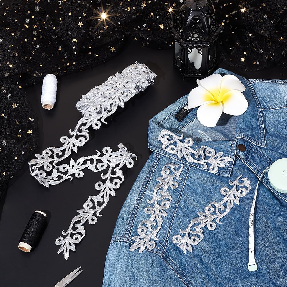 NBEADS About 4.37 Yards(4m) Silver Embroidery Polyester Ribbons, 1.38" Wide Metallic Lace Trim Iron on Metallic Flower Lace for Sewing Costumes Gowns Home Decor Garment Accessories, Thick:1.5mm
