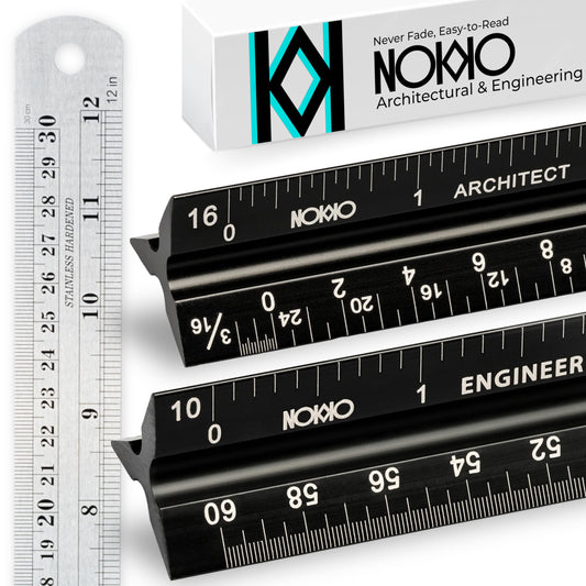 NOKKO Architectural Scale Ruler Set with Engineer Scale and Metal Ruler, 12 Inch Aluminum Drafting Rulers for Blueprints, Engineering Drawings and Floor Plans