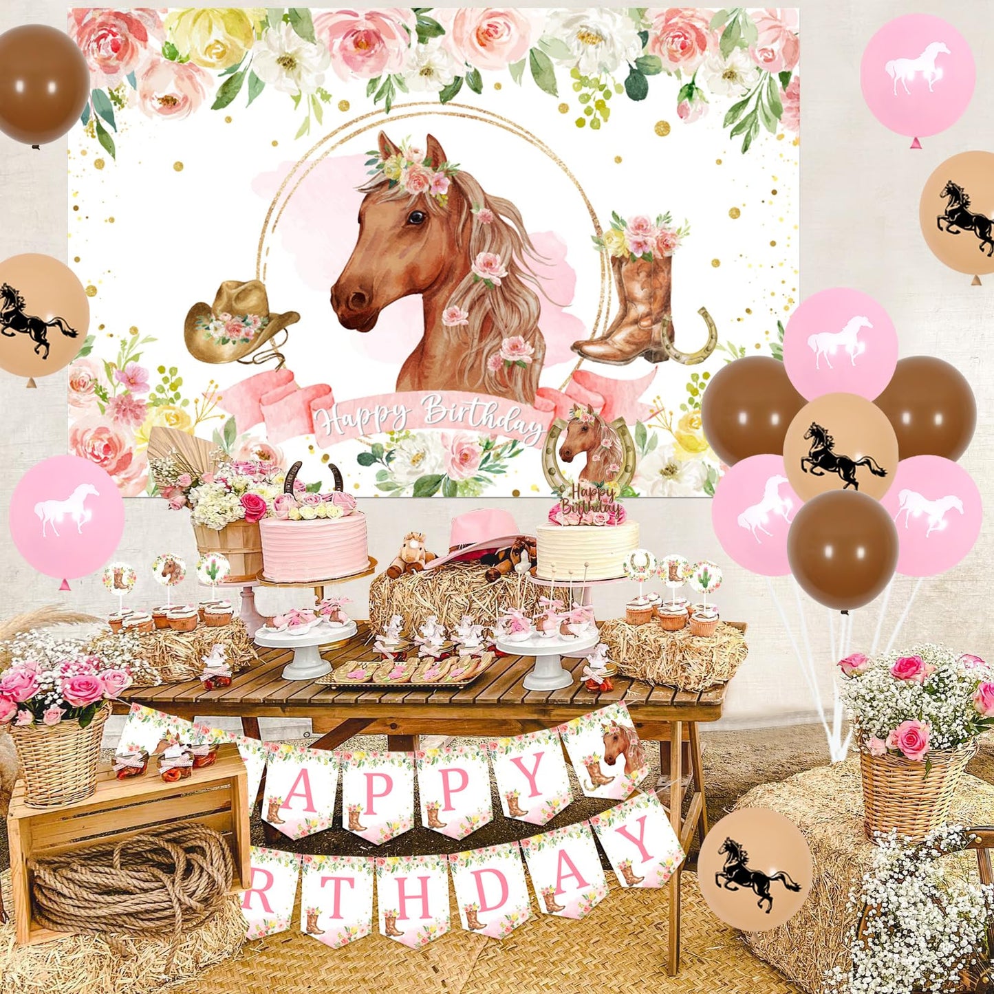 Fangleland Horse Birthday Party Decorations Kit for Girls - Themes Banner & Photo Backdrop, Cake Cupcake toppers, Racing Balloons, Western Cowgirl Happy Supplies