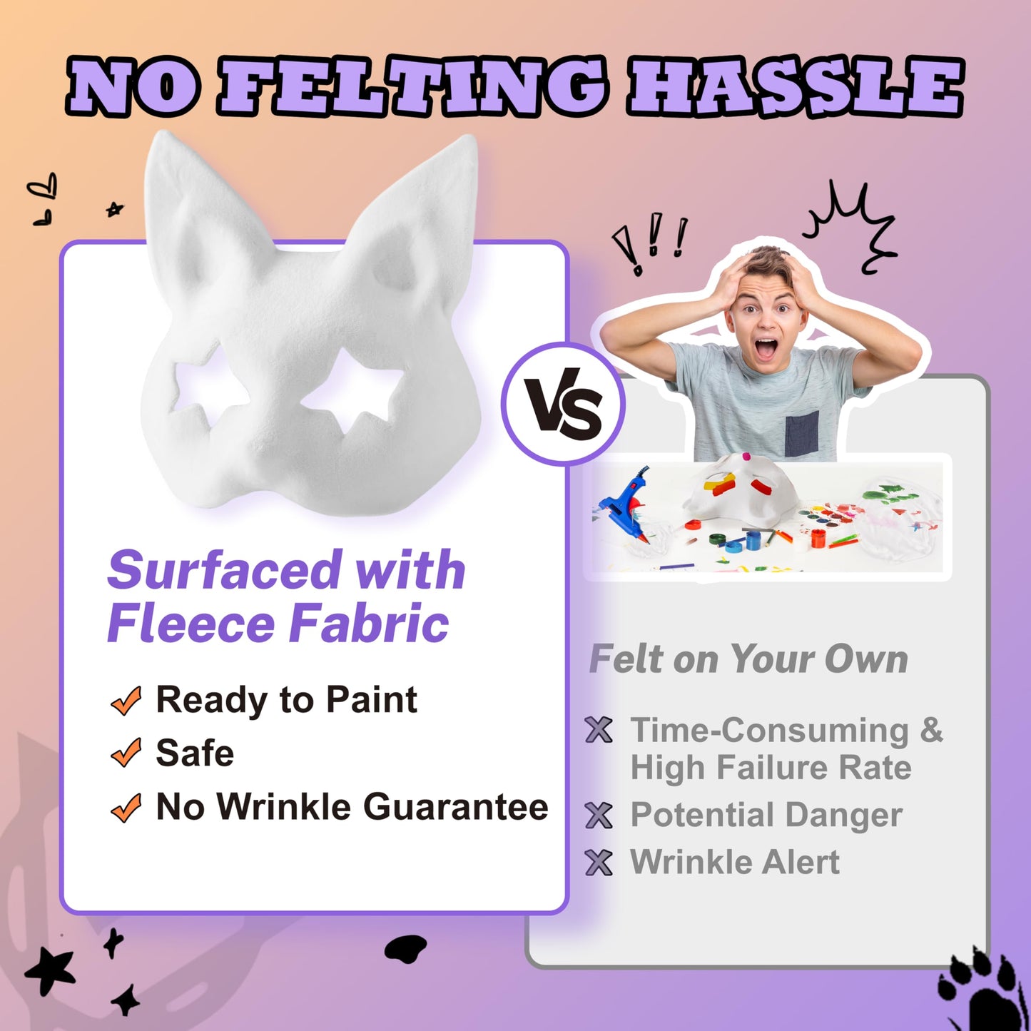 KemonoX Therian Cat Mask Kit with Star Eyes - White Fleeced Cat Mask Base with Faux Fur, Eye Mesh and Cat Like Fuzzy Fabric - Felted for You, Skip the Messy Work