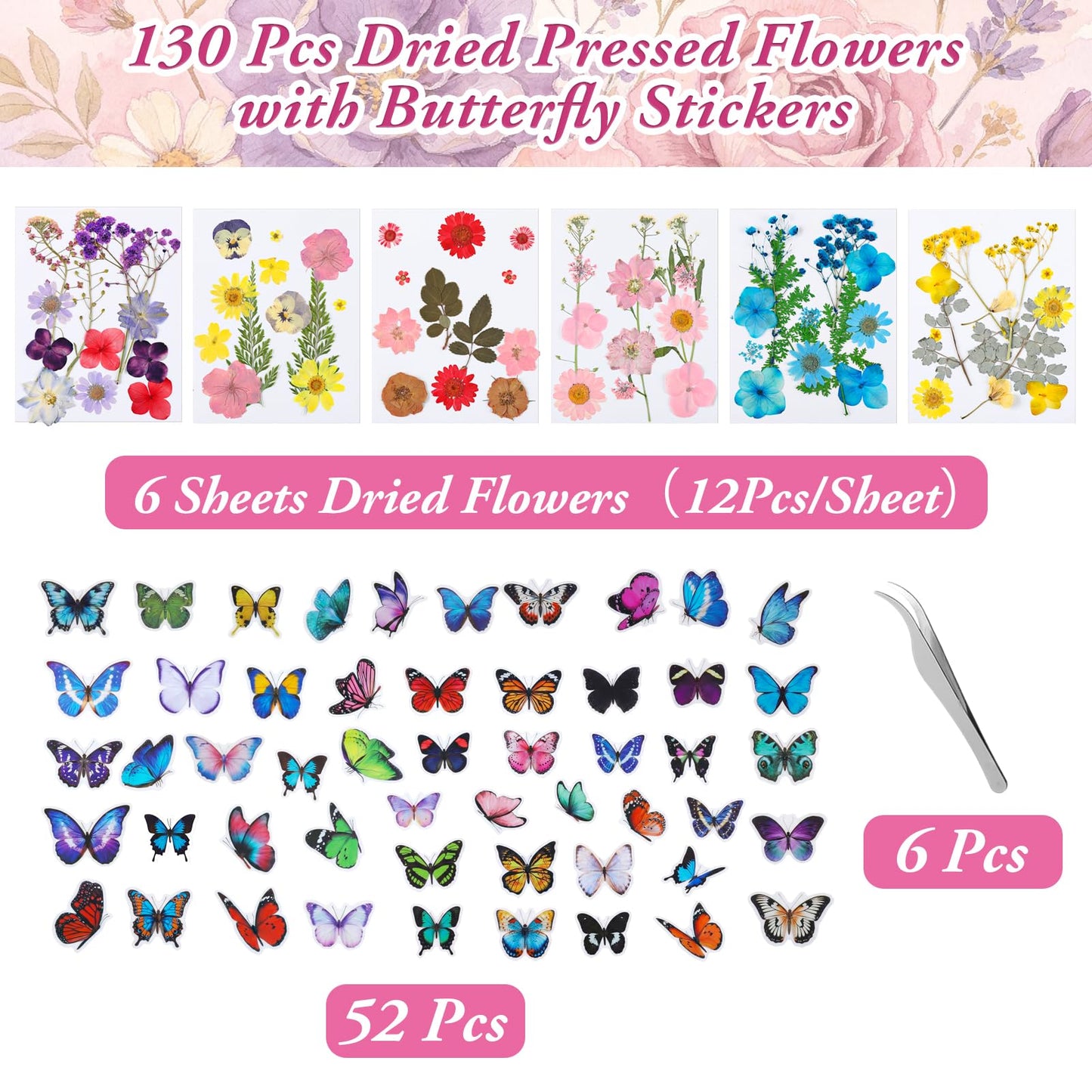 Ovveroche 72 PCS Dried Pressed Flowers 52 Butterflies Stickers 6 Stainless Steel Tweezers Bulk DIY Craft Kit for Resin Jewelry Soap Candle Making Scrapbooking Bookmark Nail Decor