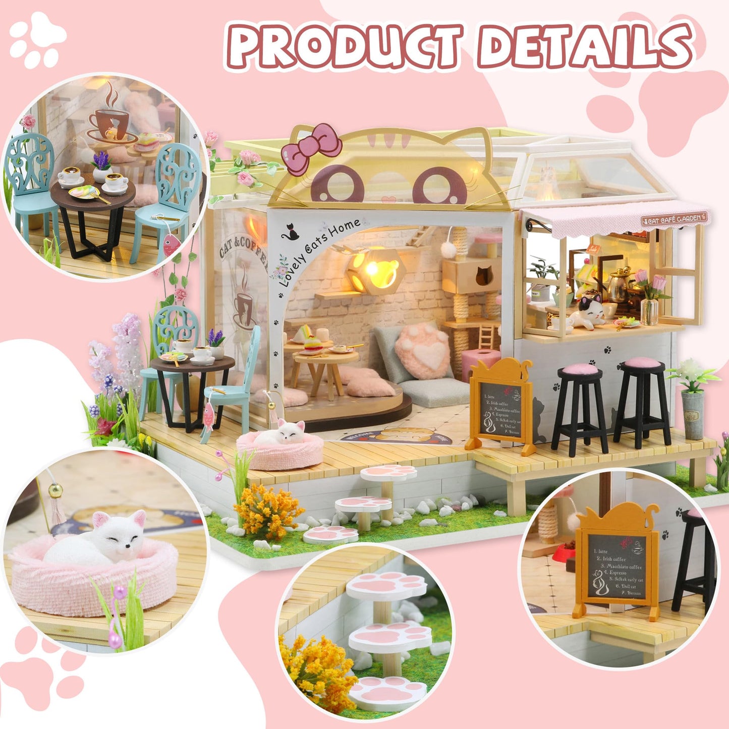 Kisoy Dollhouse Miniature with Furniture Kit, Handmade DIY House Model for Teens Adult Gift (Cat Cafe Garden)