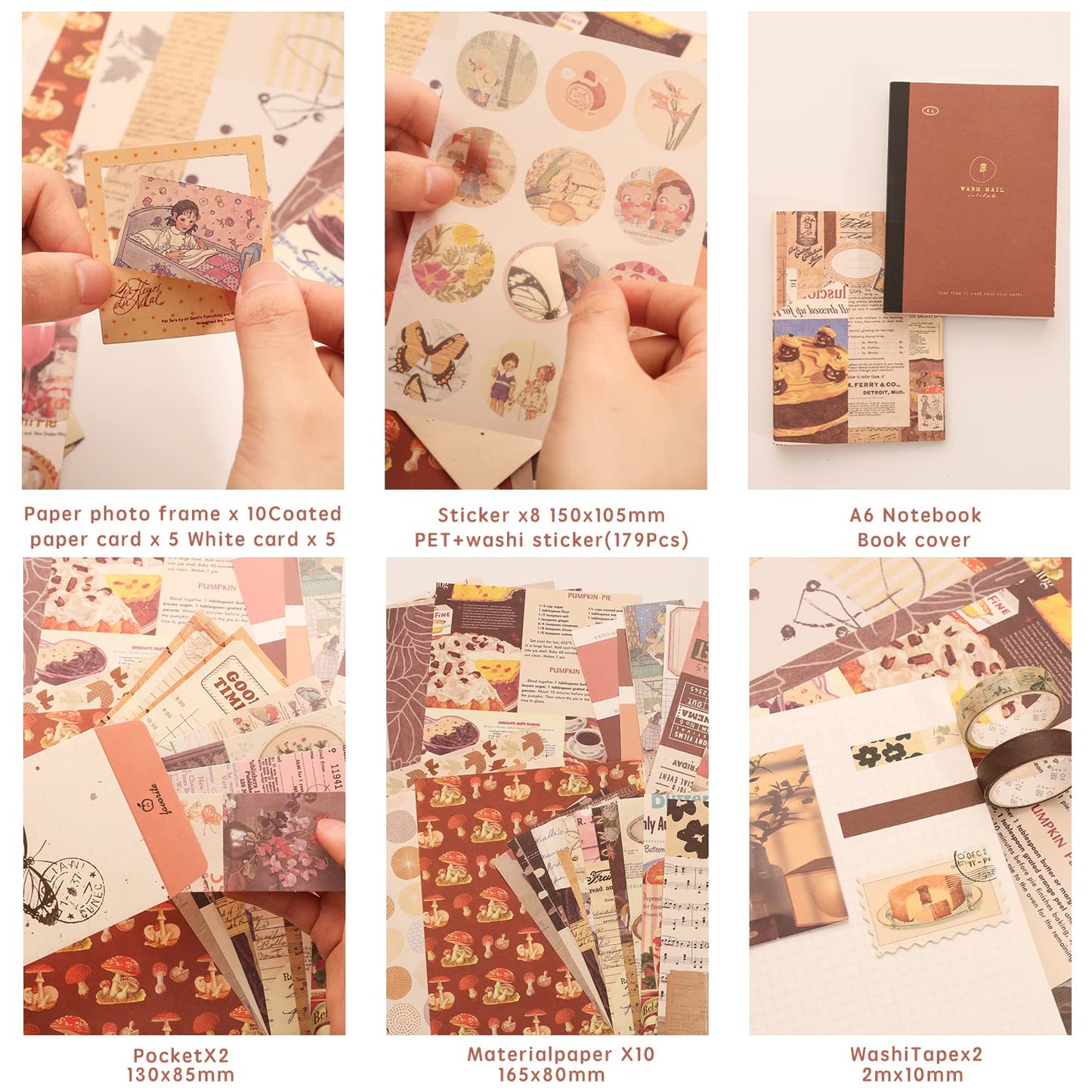 emmoolife 348 Pcs Scrapbooking Supplies Kit, Vintage Aesthetic Scrapbook Kit for Bullet Junk Journal, Stationery, A6 Grid Notebook, DIY Journaling Supplies, Birthday Craft Gift for Teen Girl Women