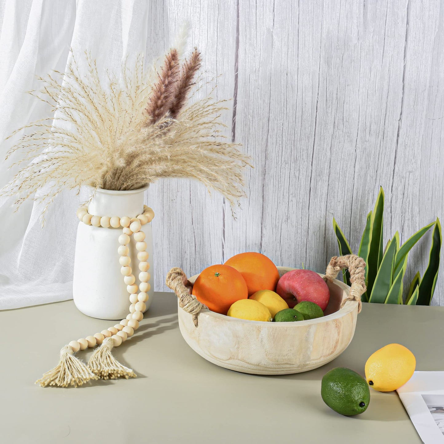 Paulownia Wood Bowl Rustic Wooden Dough Decorative Round Serving Key Bowl with Rope Handle and Wood Bead Garland for Christmas Tabletop Centerpiece Home Decor 9.5 inches