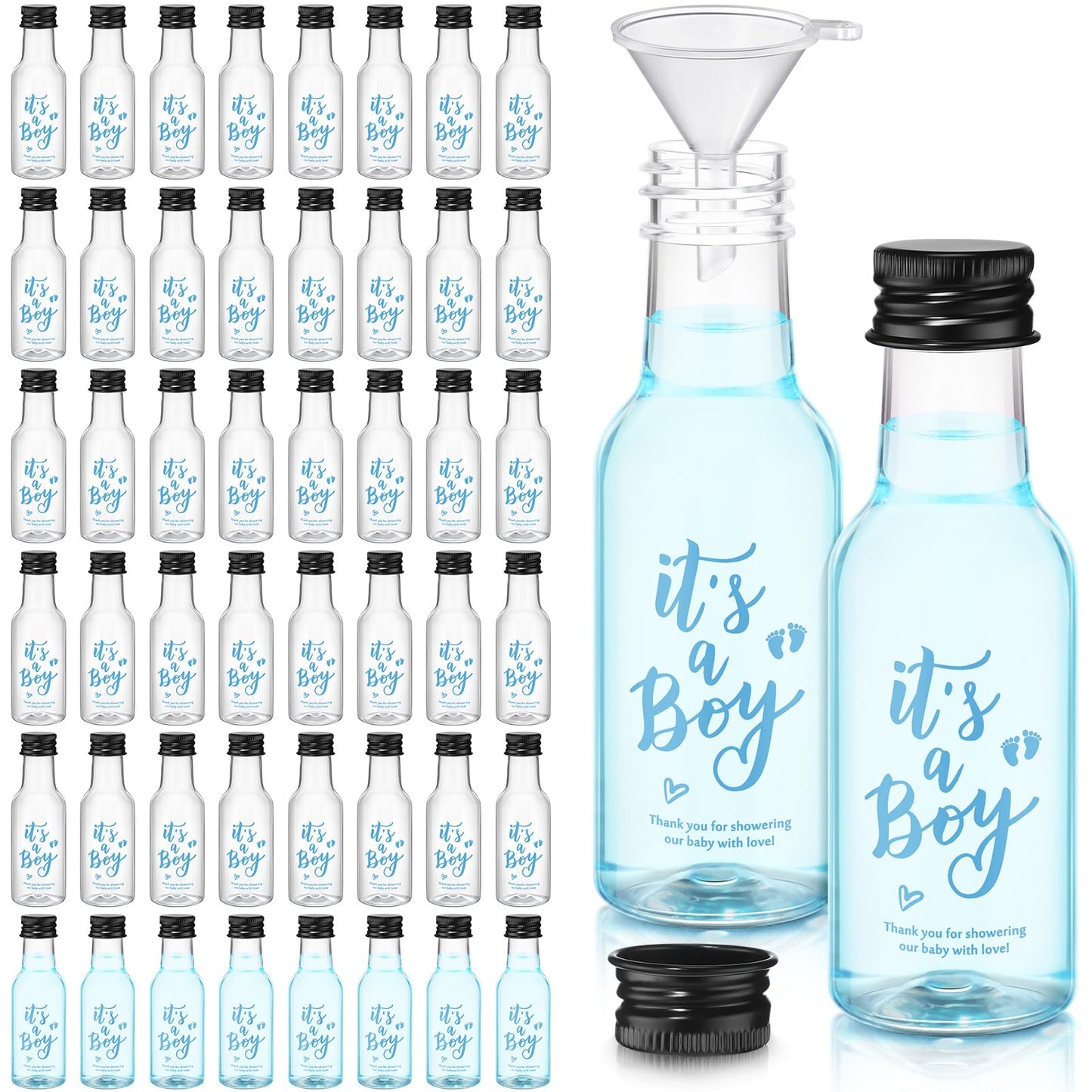 Boao 50 Pcs Baby Shower Favors for Guests Include 50 It's a Boy 1.7oz Mini Empty Plastic Alcohol Shot Bottles with 1 Funnel Baby Shower Return Gift for Guests Gender Reveal Gifts Ideas