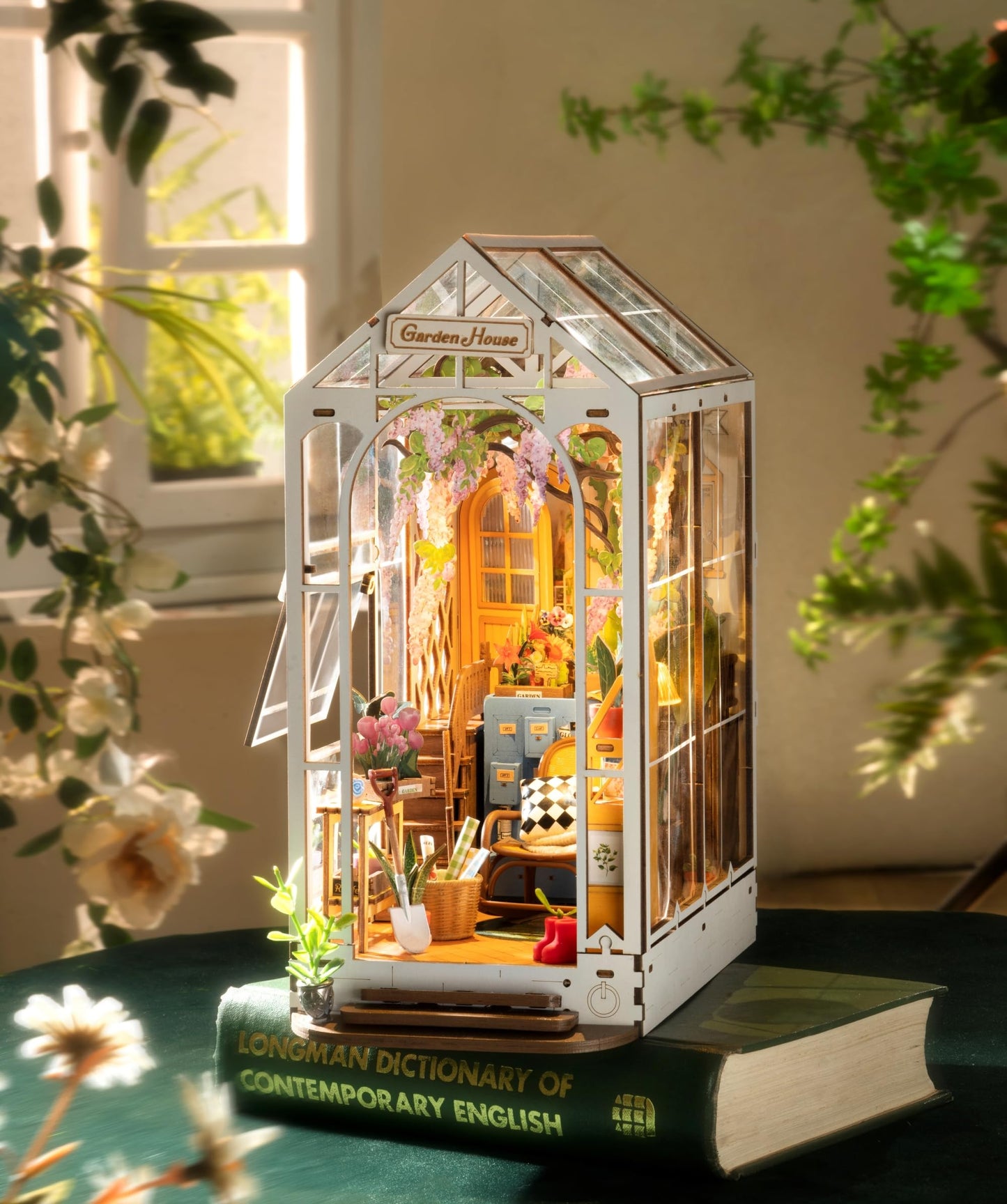 ROBOTIME Book Nook Kit - DIY Miniature House Kit, 3D Wooden Puzzle Booknook, Bookend Bookshelf Insert Decor with LED Light, DollhouseTiny House Hobby Diorama Kit Unique Gifts (Garden House)