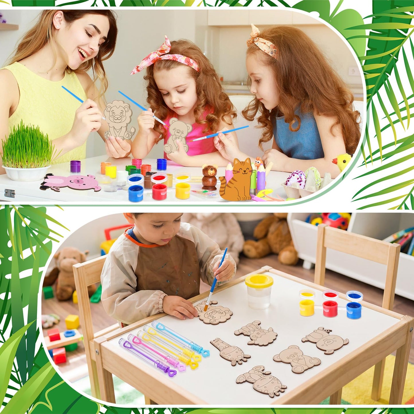JellyArch 28 Set Animals Wood Kits Kids Painting Kit Painting Wooden Kits Bulk with Bubbles Card Watercolor Gift for Kids Classroom School Art Class DIY Craft Supplies Adopt a Pet Animals Party Favors