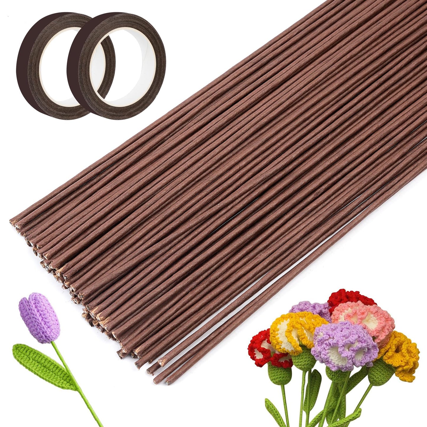 Worldity 120 Pcs Brown Floral Wire Stems, 2 Gauge Faux Flower Stems Brown with 2 Rolls Floral Tape, 15.75 in Floral Stems Wire for Paper Flower, Wreath Making, Artificial Flowers,Florist Supplies