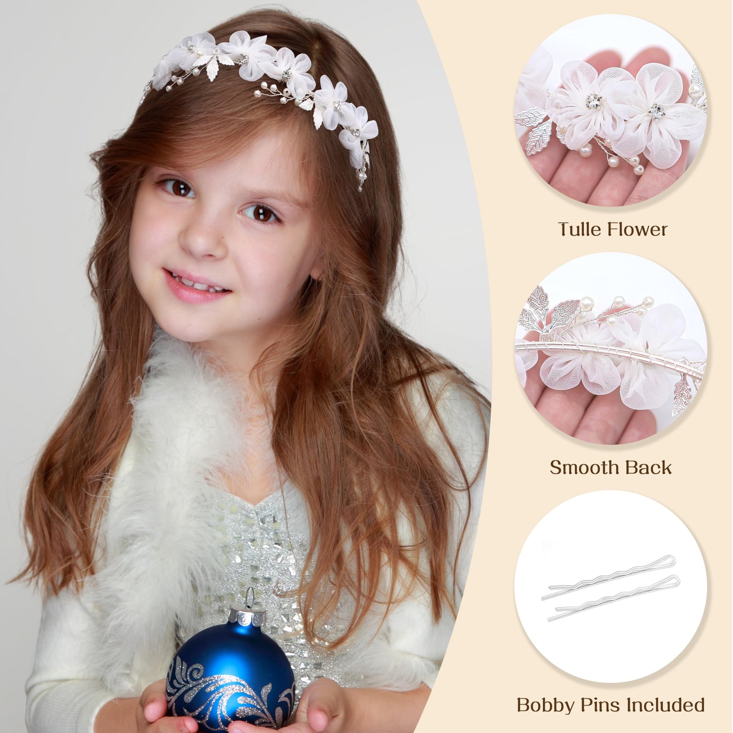 Oriamour Tulle Flower Headband, Flower Girl Headpiece, Pearl Silver, Wedding Hair Accessories, Tiara for Birthday, Party, First Communion