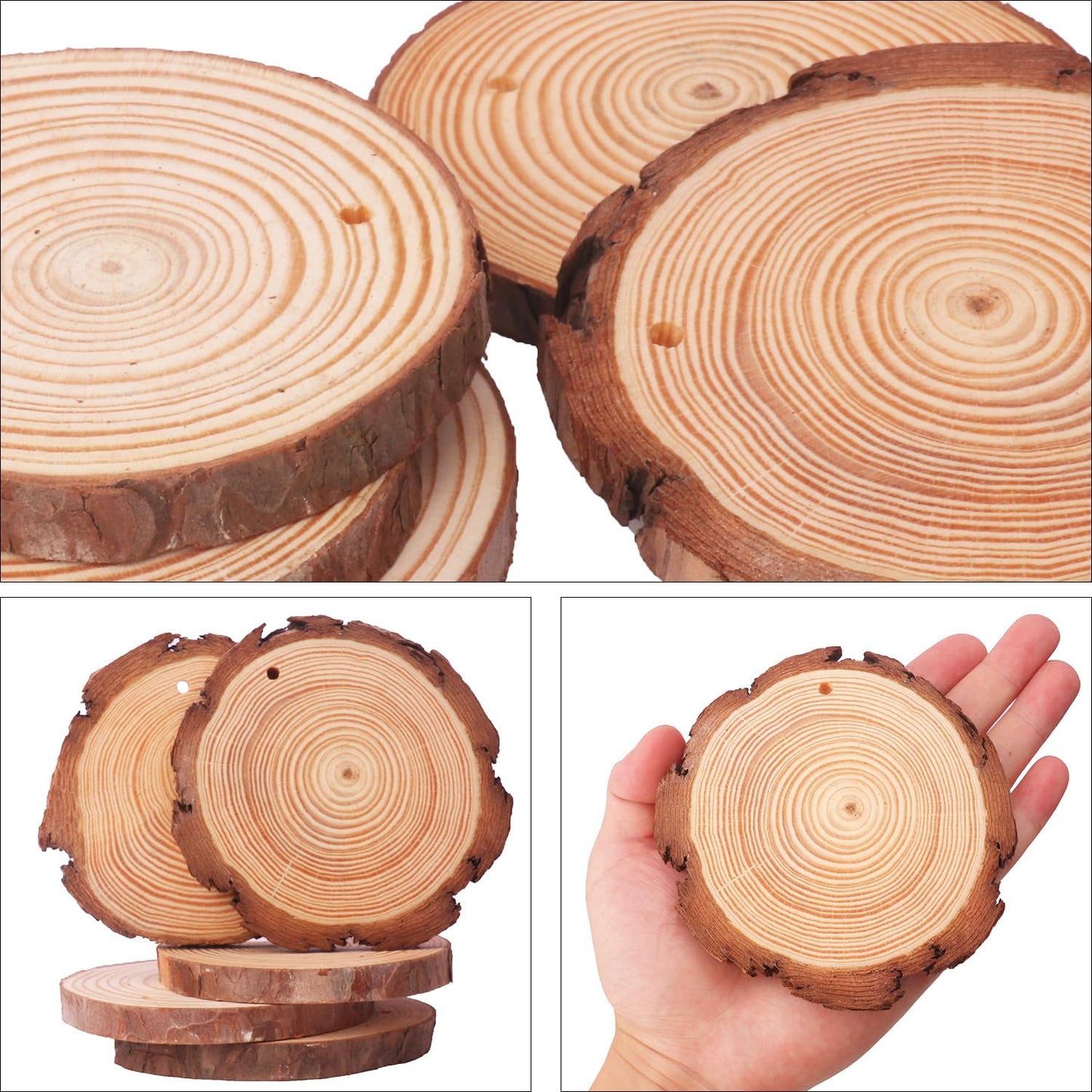 kukmakri 90 PCS Natural Wood Slices with Hole for Crafts, Diameter 3.54-3.94 Inch, Perfect Wood Slices Wooden Circles and Discs for Centerpieces, Decorations, and More(Include 2 Rope)