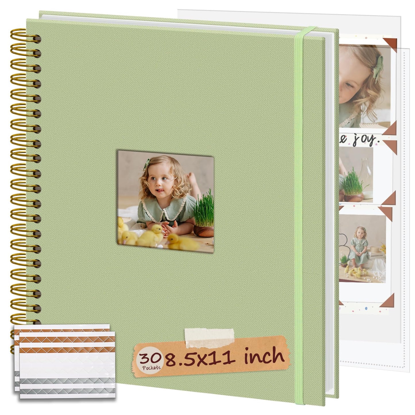 Hiwhy 8.5x11 Inch Scrapbook Photo Album, Linen Cover DIY Scrapbooks with 30 Sheets Plastic Sleeves 60 Pages Memory Book for Wedding Birthday Baby Travel (GrassGreen)