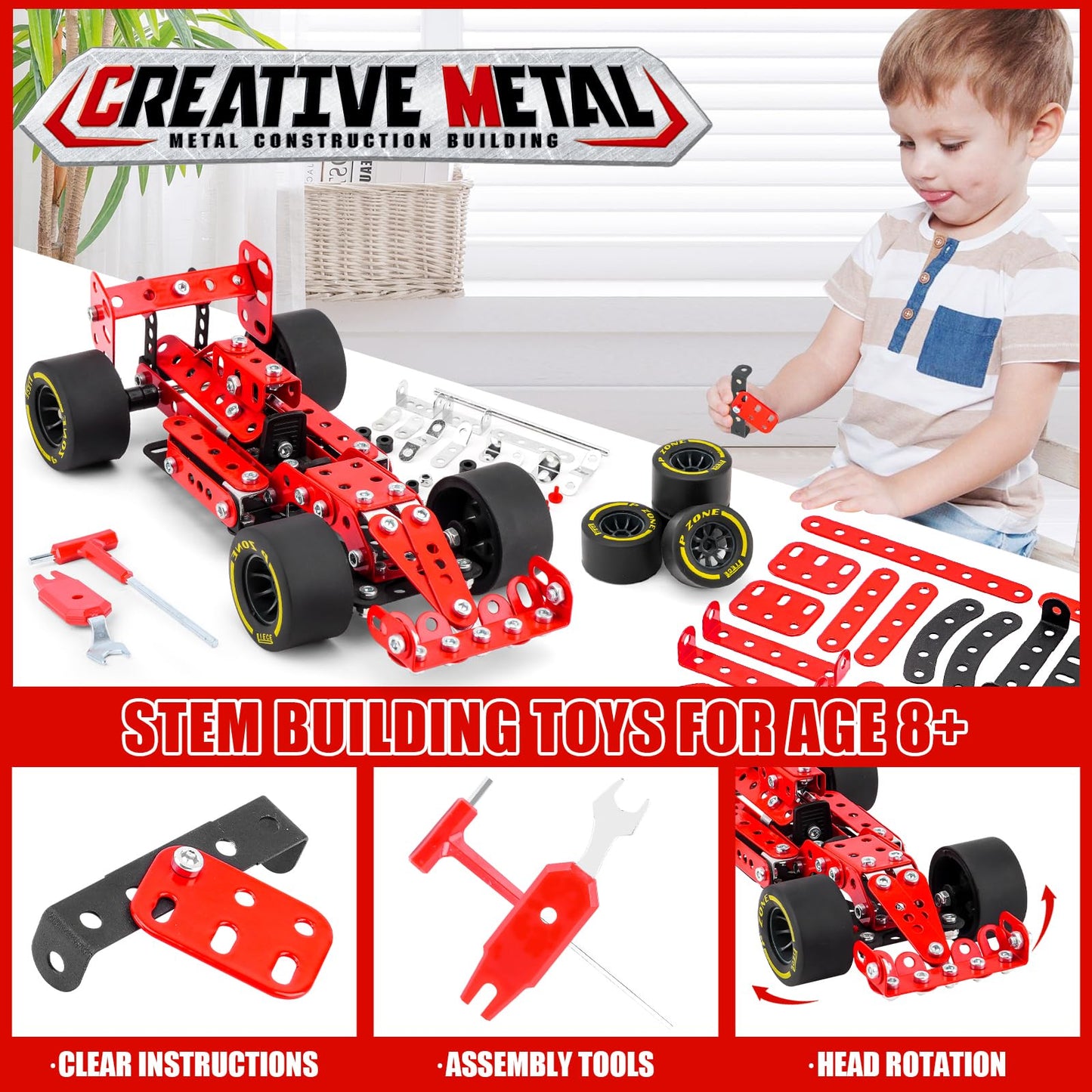 Building Car Metal Model Kits,STEM Building Toys Model Car Kits for Boys 8-12,Erector Sets 1:20 Scale Red Racing Car Metal Building Blocks for Kids Boys 8 9 10 11 12-16 Years Old