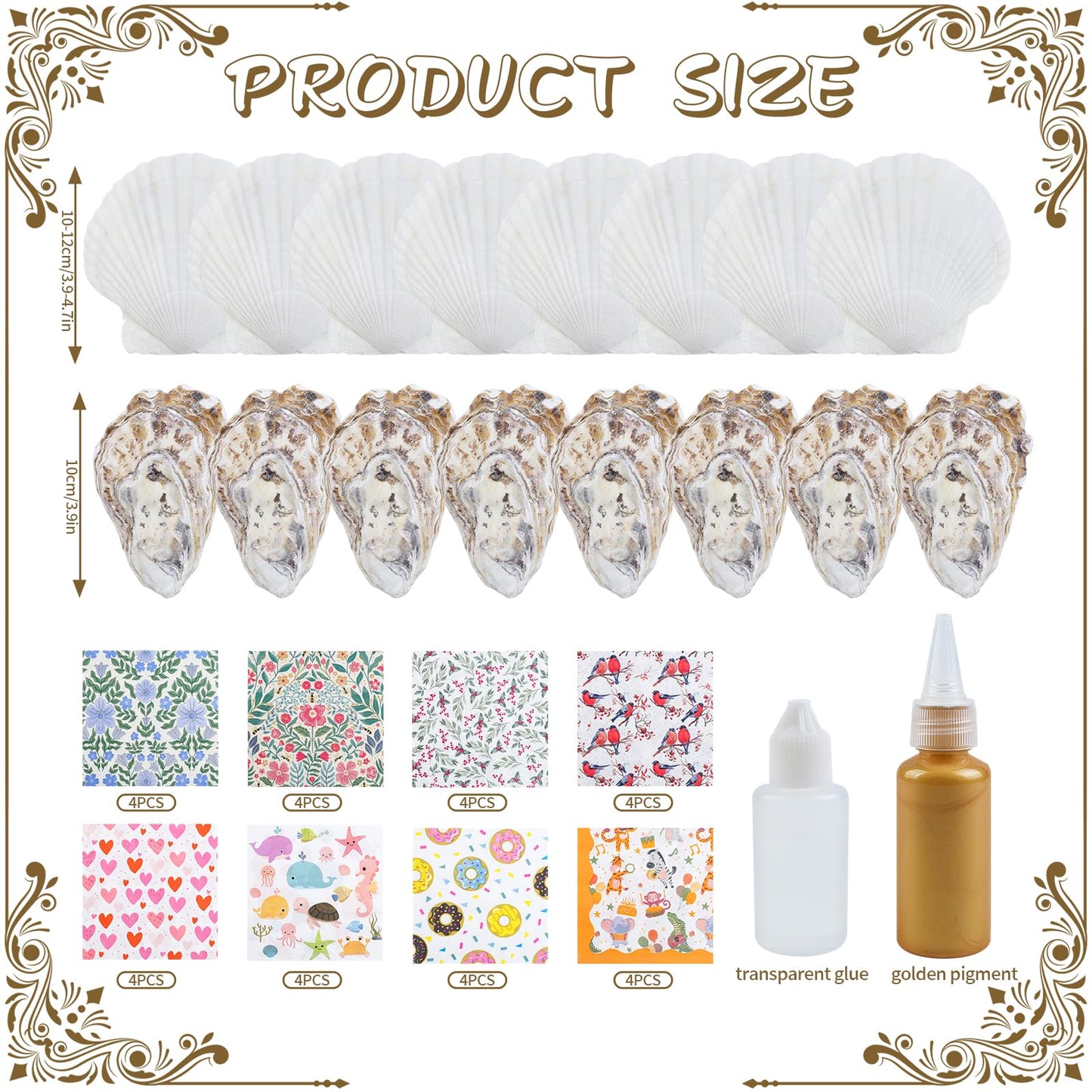 Fangoo 4-5'' 16Pcs Large Natural White Oyster Shells for Crafts 32Pcs Decoupage Paper Napkin Acrylic Paint Brush White Natural Sea Shells for Crafting Christmas Holiday Ornaments Jewelry Tray Decor