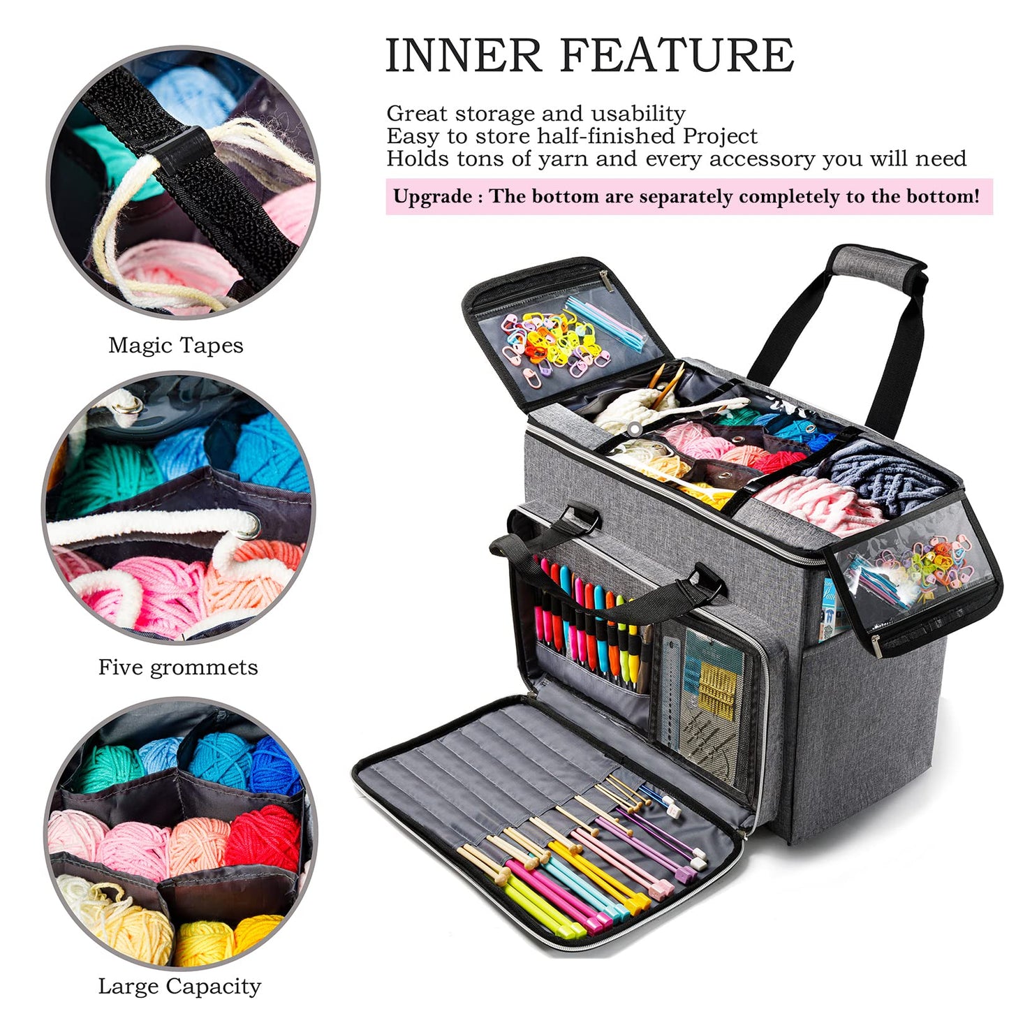 Knitting Bag, Large Yarn Storage Organizer, Crochet Bags and Totes, Yarn Bags for Crocheting, Yarn Holder Case for Knitting Needles, Crochet Hooks, Knitting Accessories, Unfinished Project, Grey.