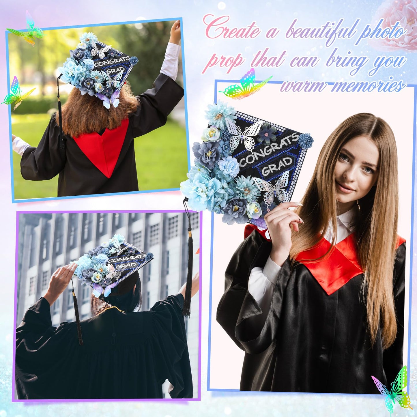 Lyrow 51 Pcs DIY Graduation Cap Decorations Kits Included Grad Cap Pens Faux Flowers Letter Number Stencils Rhinestones Stickers 3D Butterflies for Grad Hat Topper Decors Craft Art DIY(Dark Blue)