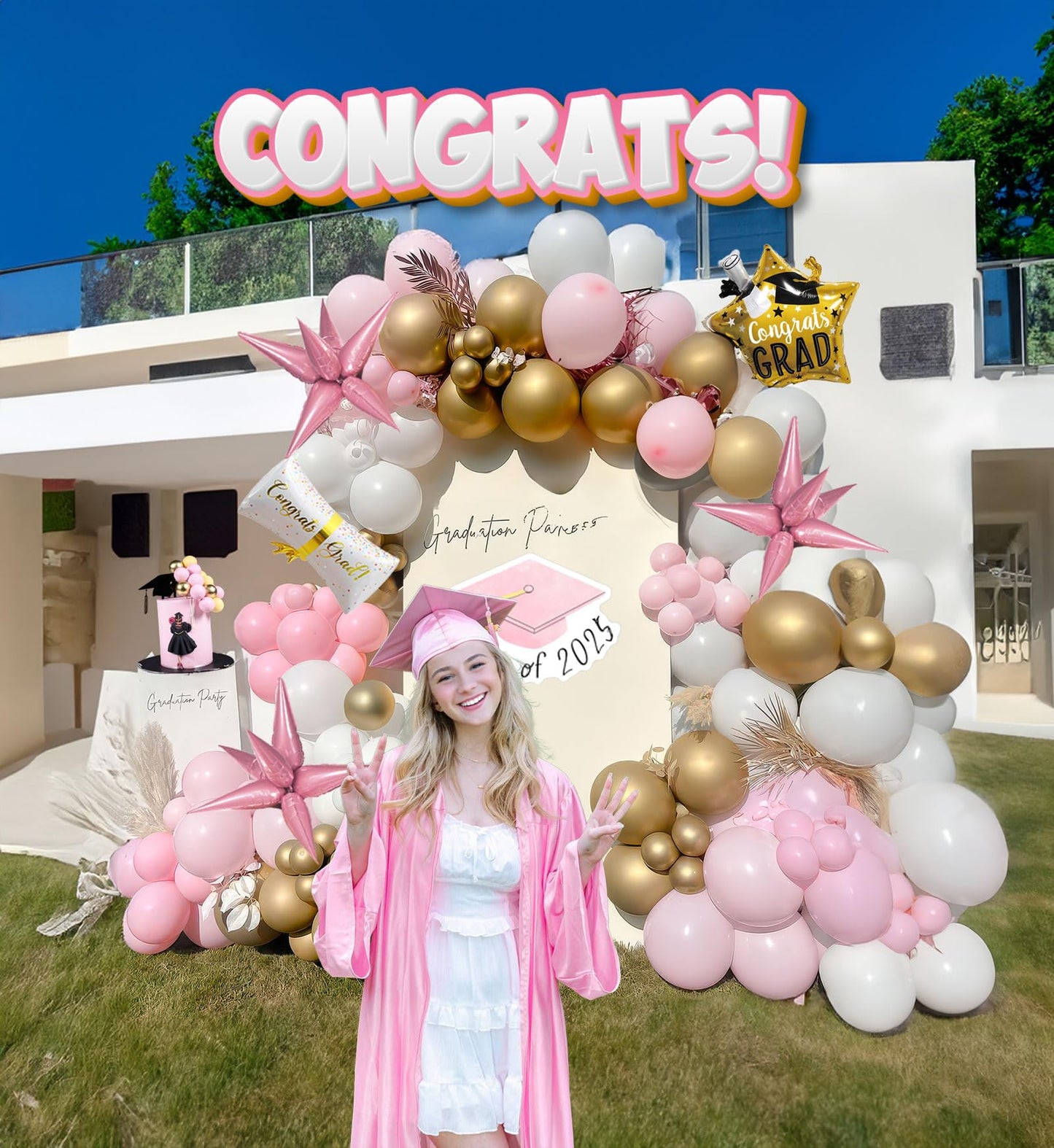 Pink and White Gold Grad Balloon garland arch kit 145pcs With Large Gold Star GRAD Letter balloons for 2026 graduations decorations Prom girl's birthday party supplies