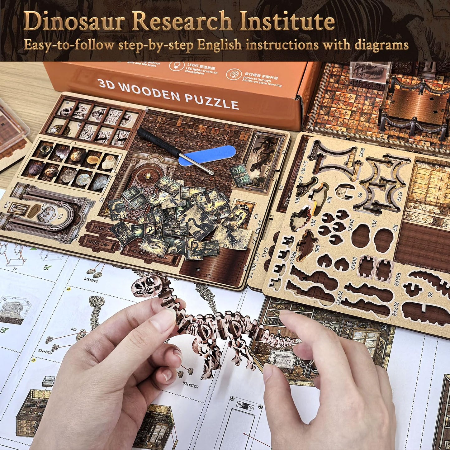 FLYINTOYS Book Nook Kit, DIY Miniature Dollhouse Booknook Kit for Adults and Teens, 3D Wooden Puzzle Bookshelf Crafts Kits with LED Light for Family and Friends (Dinosaur Research Institute)