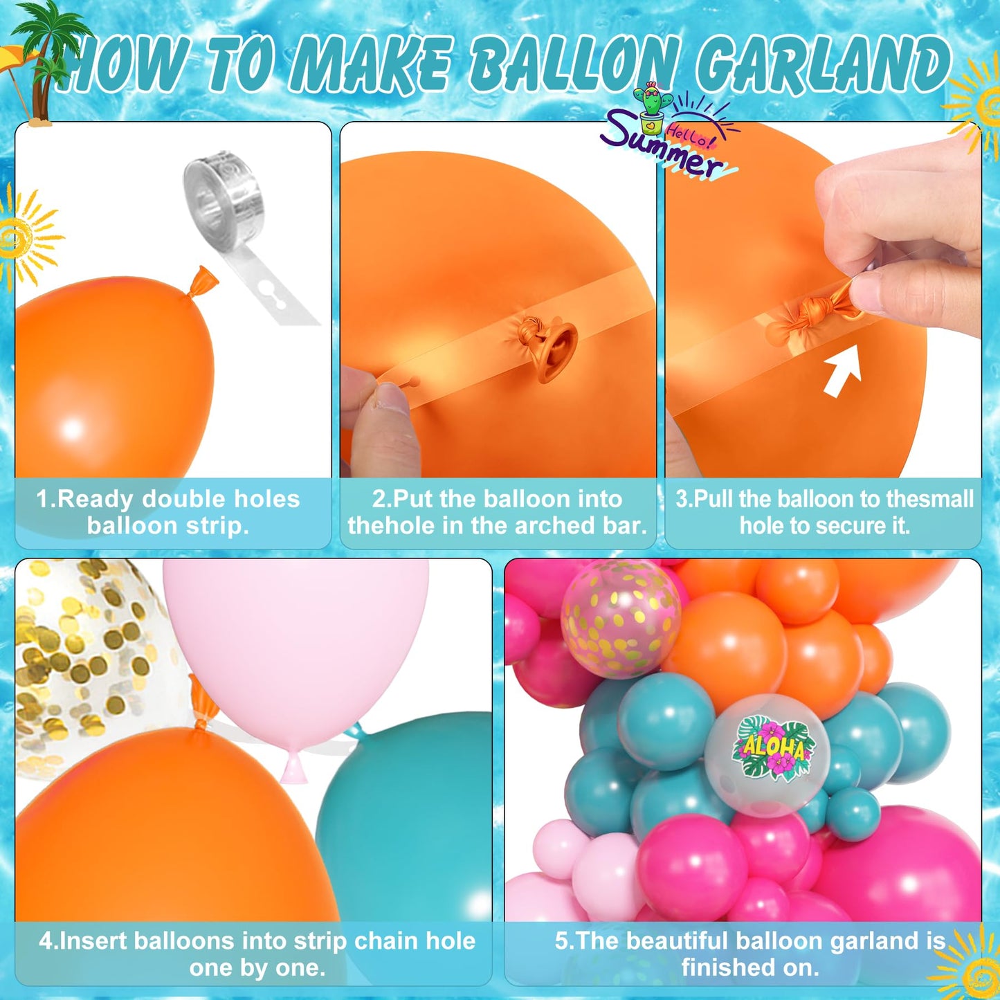 Amandir 165Pcs Summer Aloha Tropical Balloon Arch Garland Kit, Hot Pink Green Orange Blue Yellow Foil Coconut Sun Palm Leaves Neon Rainbow Balloons for Hawaiian Luau Pool Birthday Party Decorations