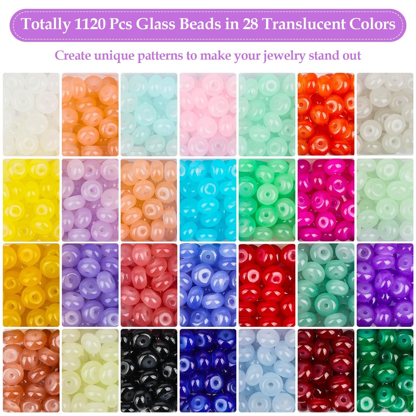 shynek 1120 Pieces Rondelle Beads for Jewelry Making, 28 Colors Glass Abacus Beads, Spacers for Bracelets, Jewelry Making and DIY Crafts, 5x8mm
