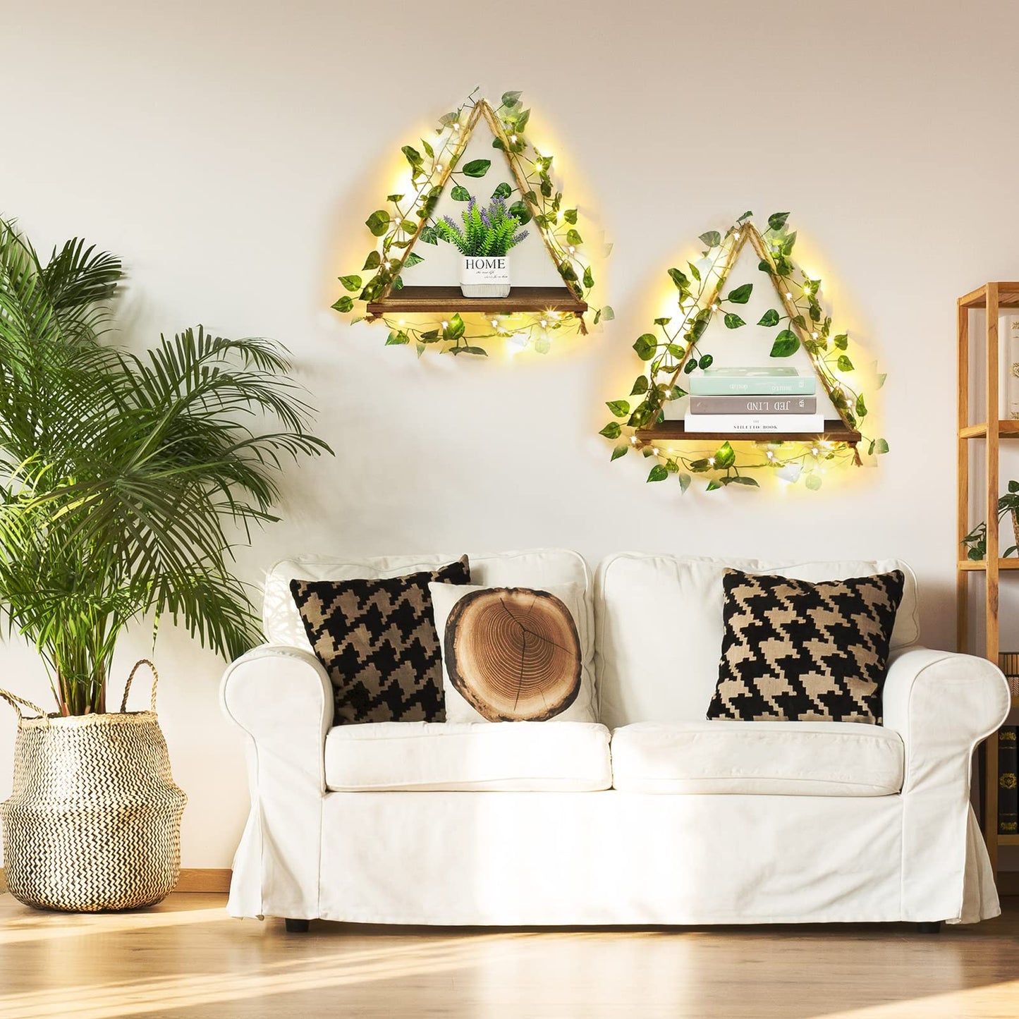 Amyhill 3 Set Artificial Ivy LED Floating Plant Shelves Wood Hanging Dorm Wall Decor Leaves and Light Strip Hanging Shelves for Bedroom Living Room Nature Wall Decoration