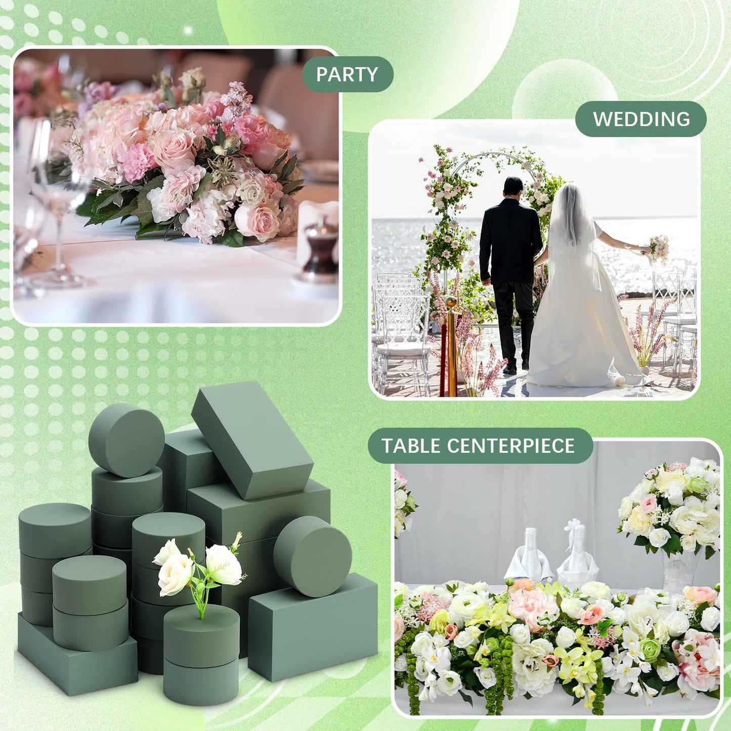 Baderke 30 Pack Floral Foam Blocks Round & Block Foam Set Green Wet & Dry Flower Blocks for Fresh & Artificial Flower Arrangement Florist Supplies for DIY Arts Crafts & Weddings