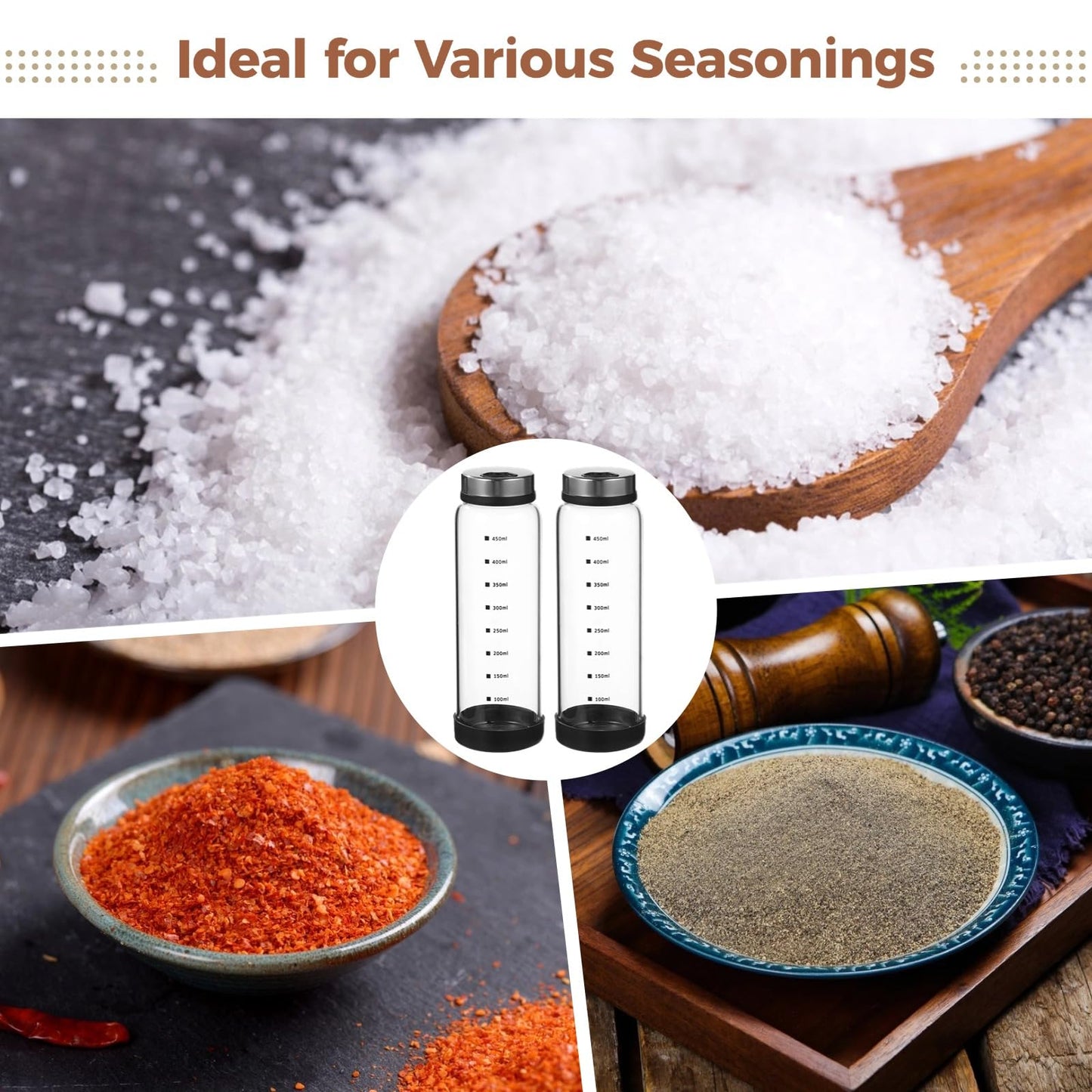 2 Pcs Large Salt and Pepper Shakers, 500ml Glass Spice Bottles with Adjustable Pour Holes, Spice Dispensers with Non-Slip Silicone Bases, Seasoning Jars with Rotating Steel Lids for