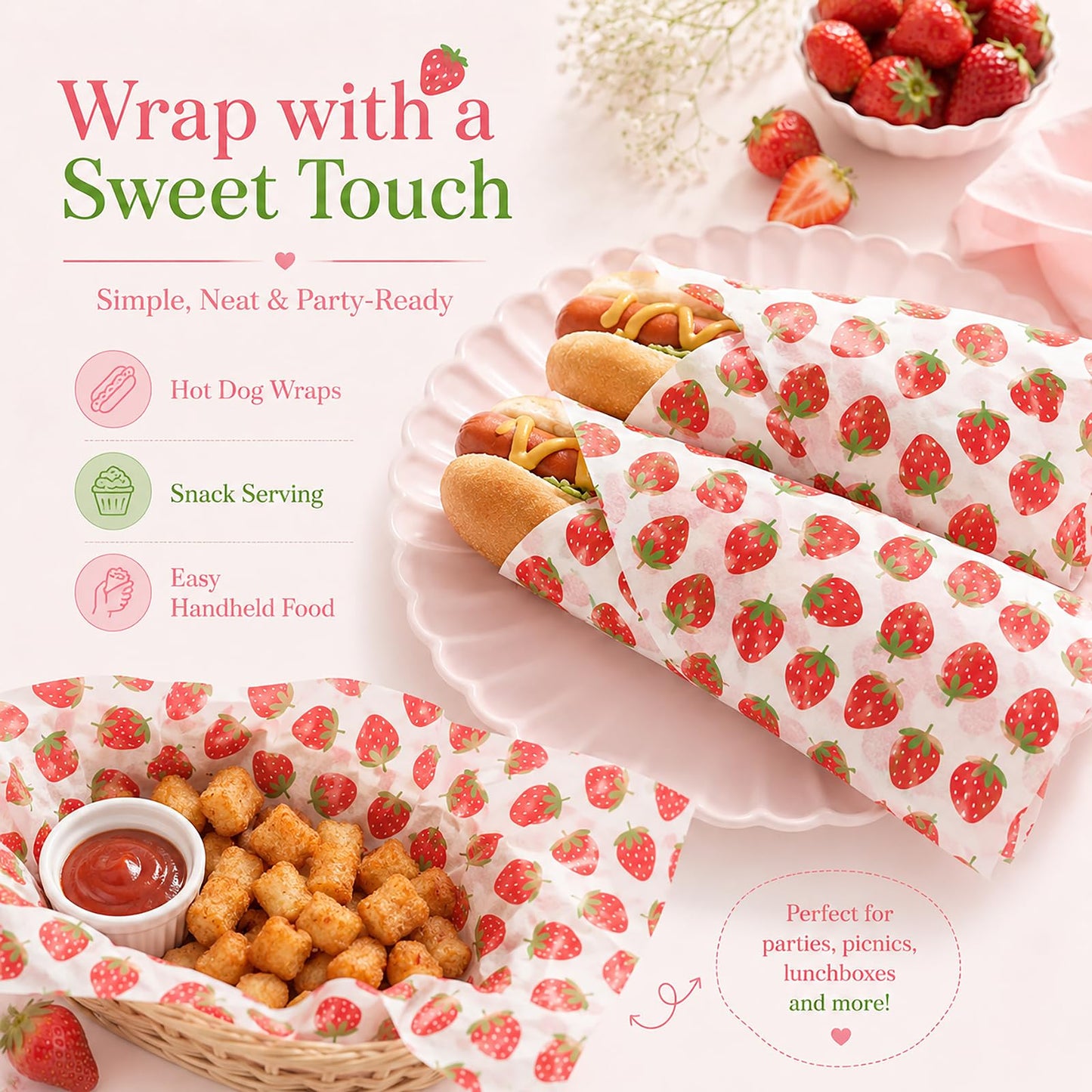150 Sheets Strawberry Wax Paper for Food Deli, 9.8 x 8.3'' Preppy Strawberry Patterns Greaseproof Sandwich Wrapping Paper for Picnic Basket Liner Summer Birthday Party Supplies