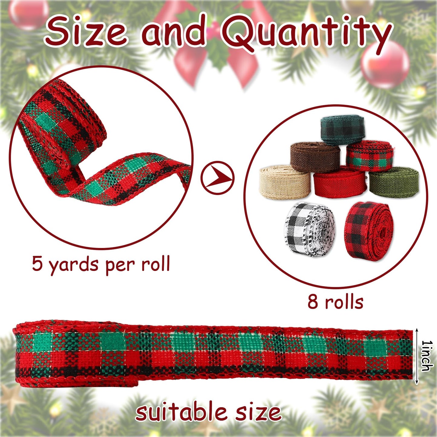 JarThenaAMCS 8 Rolls 40 Yard Christmas Burlap Ribbon Fabric Wired Edge Green Red Brown Plaid Decorative Wrapping Ribbon for Winter Xmas Tree DIY Crafts Bow Wreath Making Supplies, 1 Inch