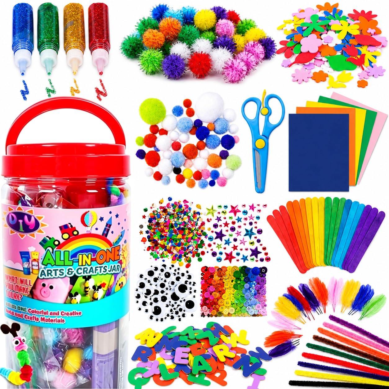FUNZBO Arts and Crafts Supplies for Kids - Mother's Day Toddlers Craft Kit with Glitter Glue Stick,Pipe Cleaners Pom Poms Craft Tools, DIY School Supplies Kit, Birathday Gifts for Girls Boys Age 4+