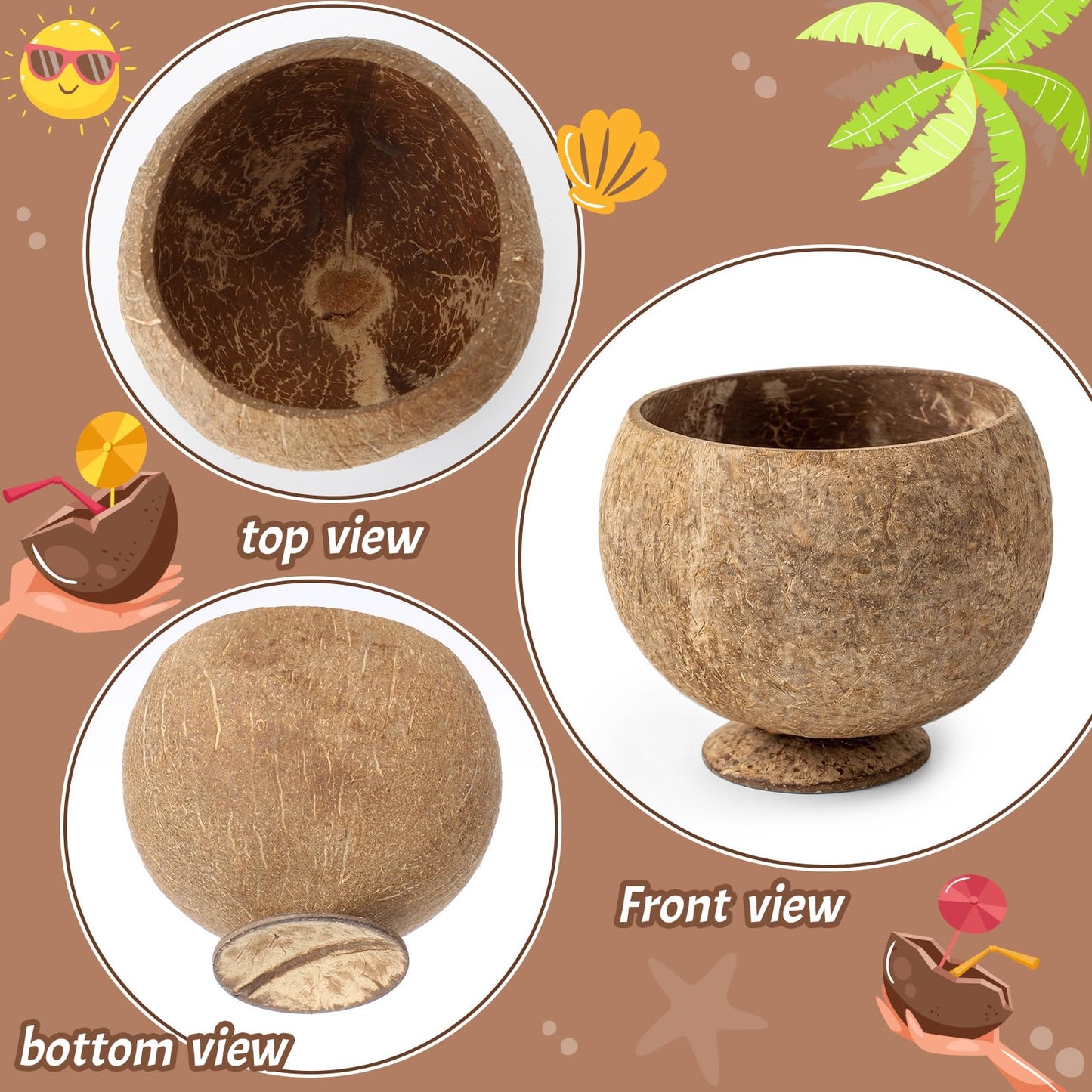 Hushee 12 Pcs Natural Coconut Shell Cups for Party Real Coconut Bowls for Hawaiian Luau Party Supplies, Tropical Tiki Decorations & Candy Buffet Favor Holders