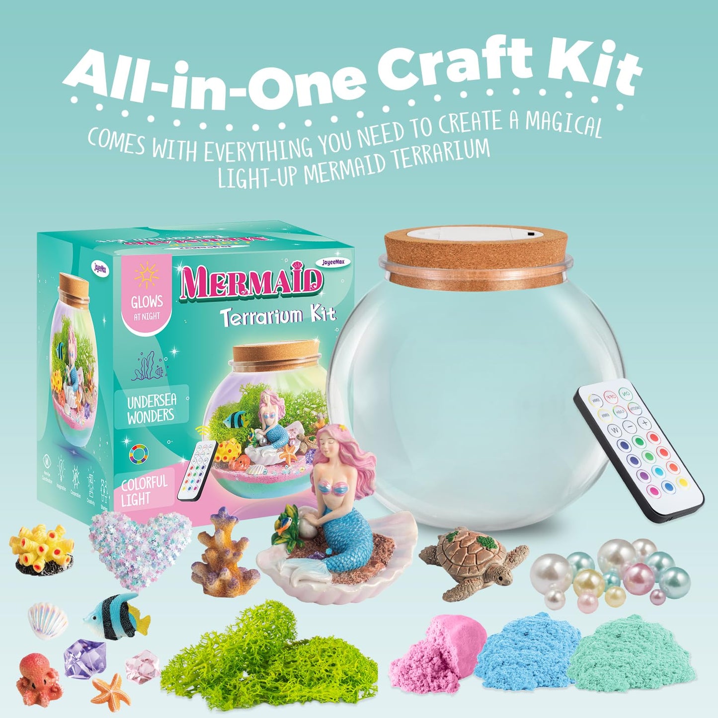JOYEEMAX Mermaid Light-Up Terrarium Kit for Kids - LED Night Light Birthday Gift for Girls Ages 4 5 6 7 8-12 Year Old - Mermaid Toys for Girls - DIY Arts and Crafts Kit for Kids
