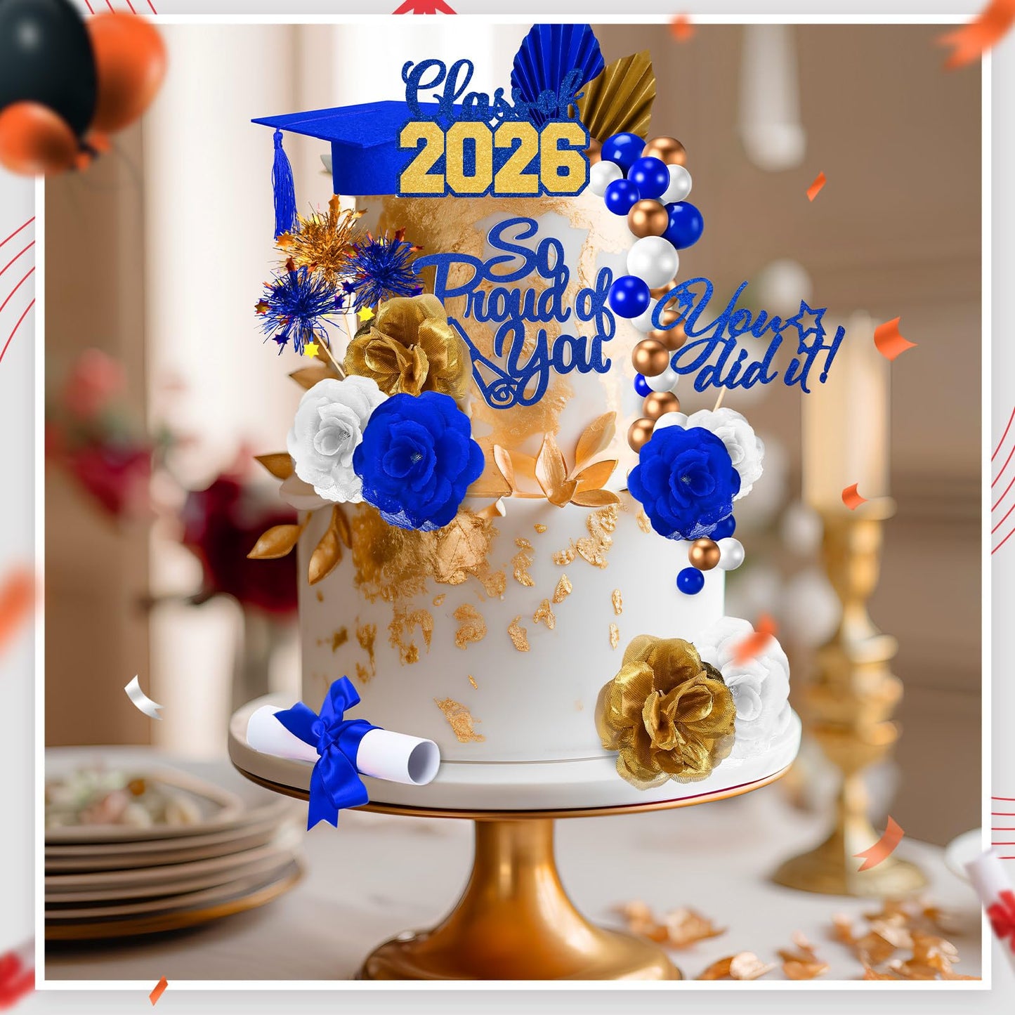Sureio 48 Pcs Graduation Cake Toppers Class of 2026 Congrats Grad Cake Decor Graduation Cap Diploma Artificial Flower Card Ball Palm Leaves Firework Stick Kit for Theme Party Supplies(Blue, Gold)