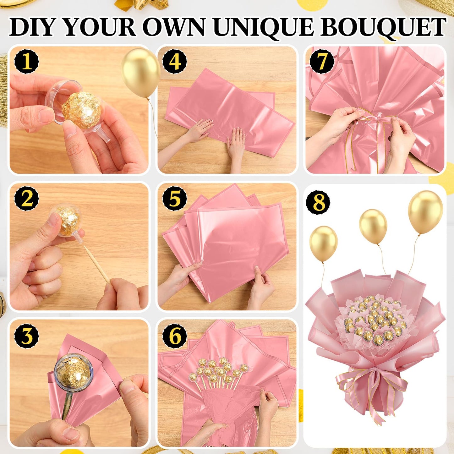 Funnymoom 71 Pcs DIY Chocolate Flower Bouquet Kit Graduation 2026 Candy Rose Clear Acrylic Lollipop Ball Holder Mother's Day Flower Wrapping Paper Ribbon Accessories Birthday Gift(Pink)
