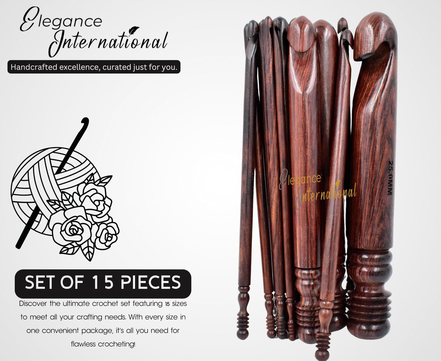 Wooden Crochet Hooks Set of 15-3.5mm to 25mm - Rosewood Crochet Hooks for Arthritic Hands- Crochet Hooks Ergonomic Soft Grip Handle - for Crocheting & Knitting - Christmas Gifts for Her(Set of 15)