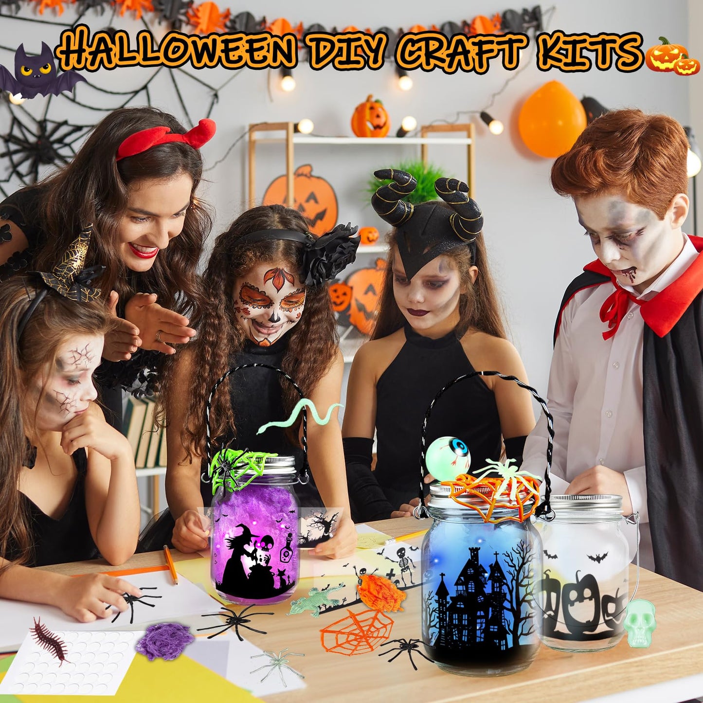 Halloween Craft Kit for Kids, 4 pcs Glass Mason Jar with Accessories for DIY Lantern Jar, Halloween Art & Craft Party Supplies for Classroom,Art and Craft Party Supplies for Kids