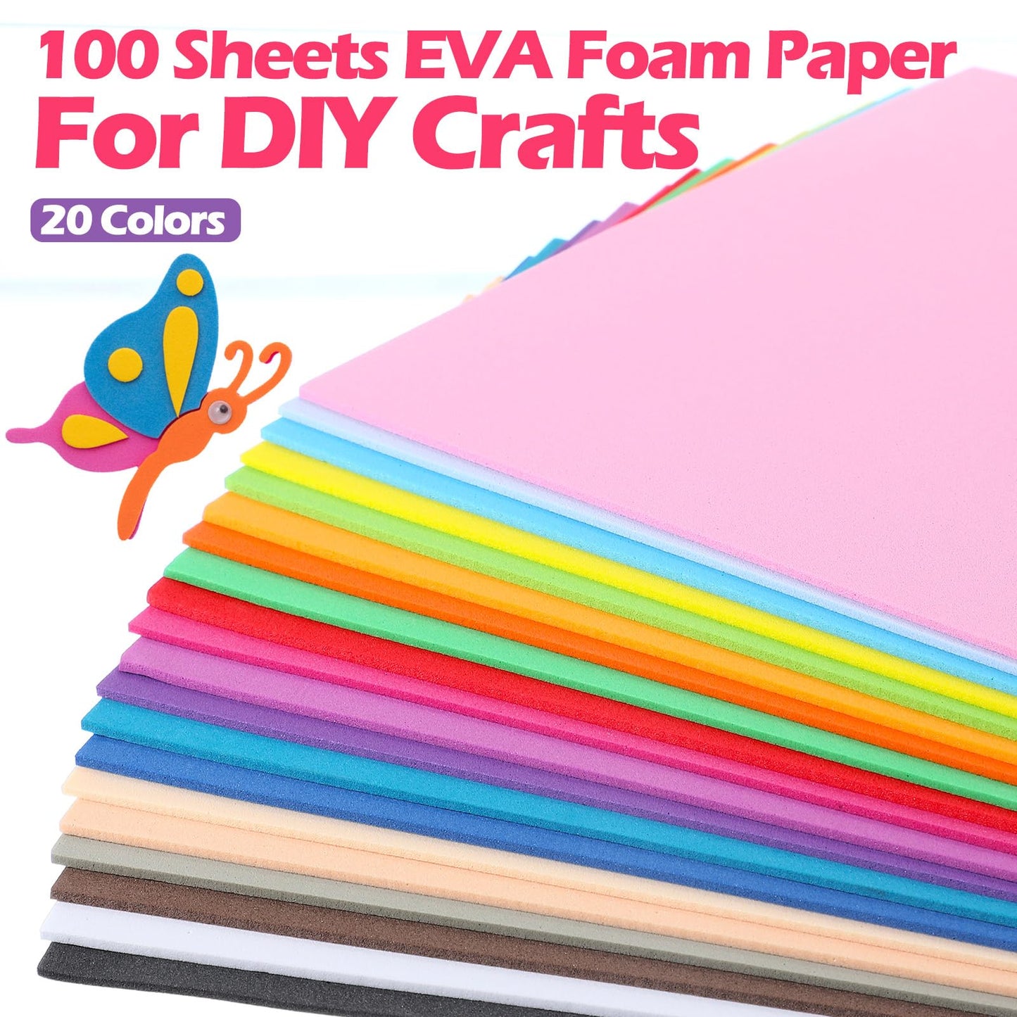 Pangda 100 Pack 20 Colors EVA Craft Foam 2mm 9 x 12 Inch Sheet EVA Foam Paper for School Crafts Foam Sheet for Crafting Handicraft Foam Sheet Craft for DIY Arts Project