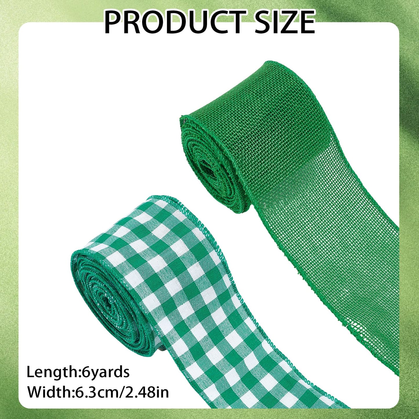 letsinstyle 2 Rolls 12 Yards Buffalo Plaid Wired Edge Ribbons, 2.5" Buffalo Check Wired Edge Ribbon, Green and White Checkered Burlap Ribbons for Wedding Party DIY Decoration Wreaths Bow