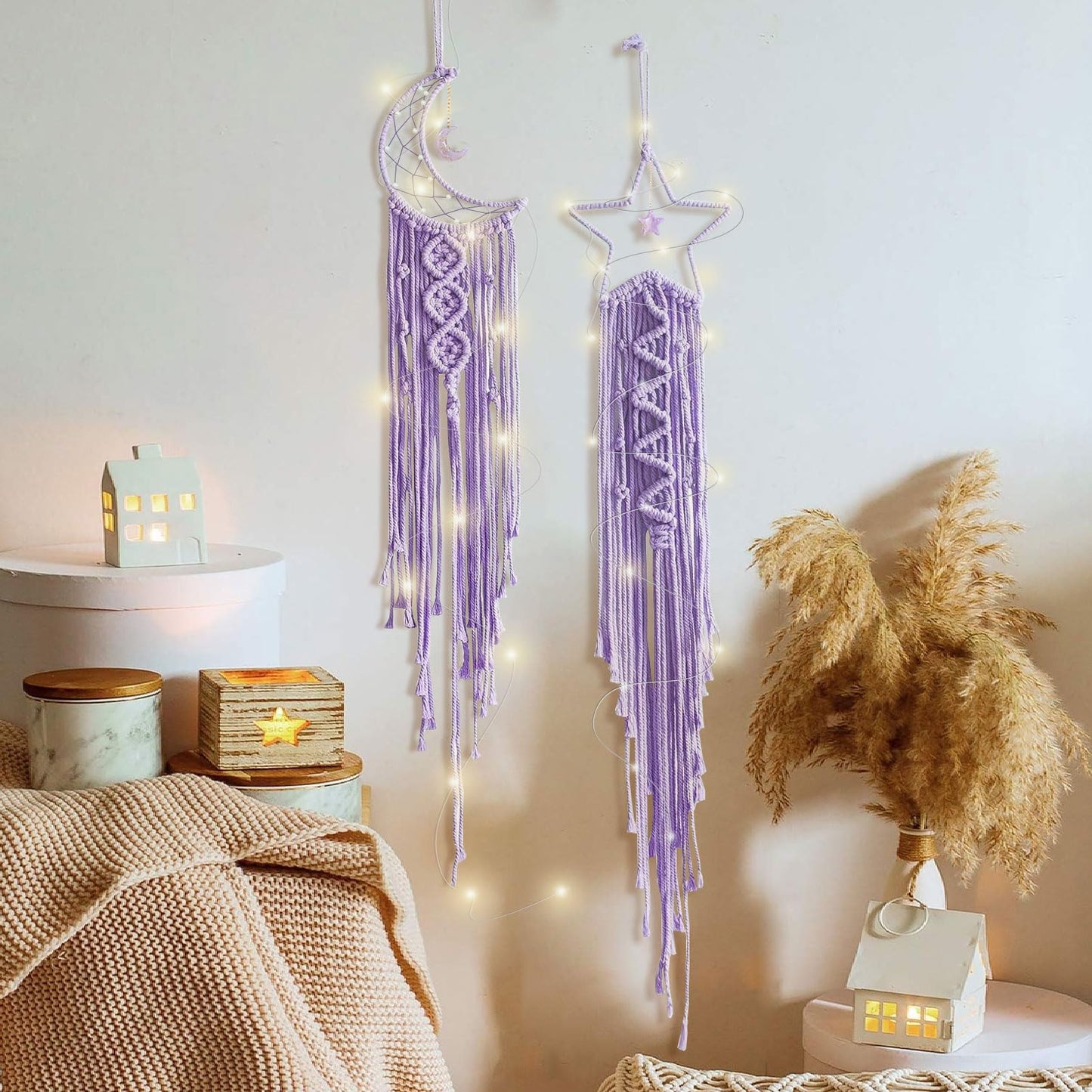 Moon Star Dream Catcher Decor,2pcs Boho Home Moon Star Dreamcatcher,Macrame Wall Hanging Boho Home Decor for Kids Baby Bedroom Decoration for Women Girls Craft Holiday Gifts Purple