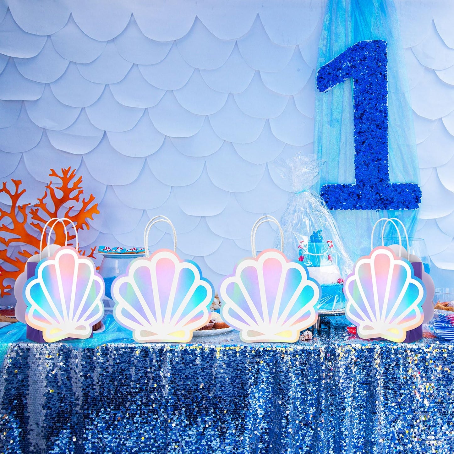 Locmeo 12 Pack Holographic Sea Shell Gift Bags Mermaid Party Favor Bags with Iridescent Shell Paper Cards for Mermaid Themed Supplies Ocean Under The Sea Party Favors