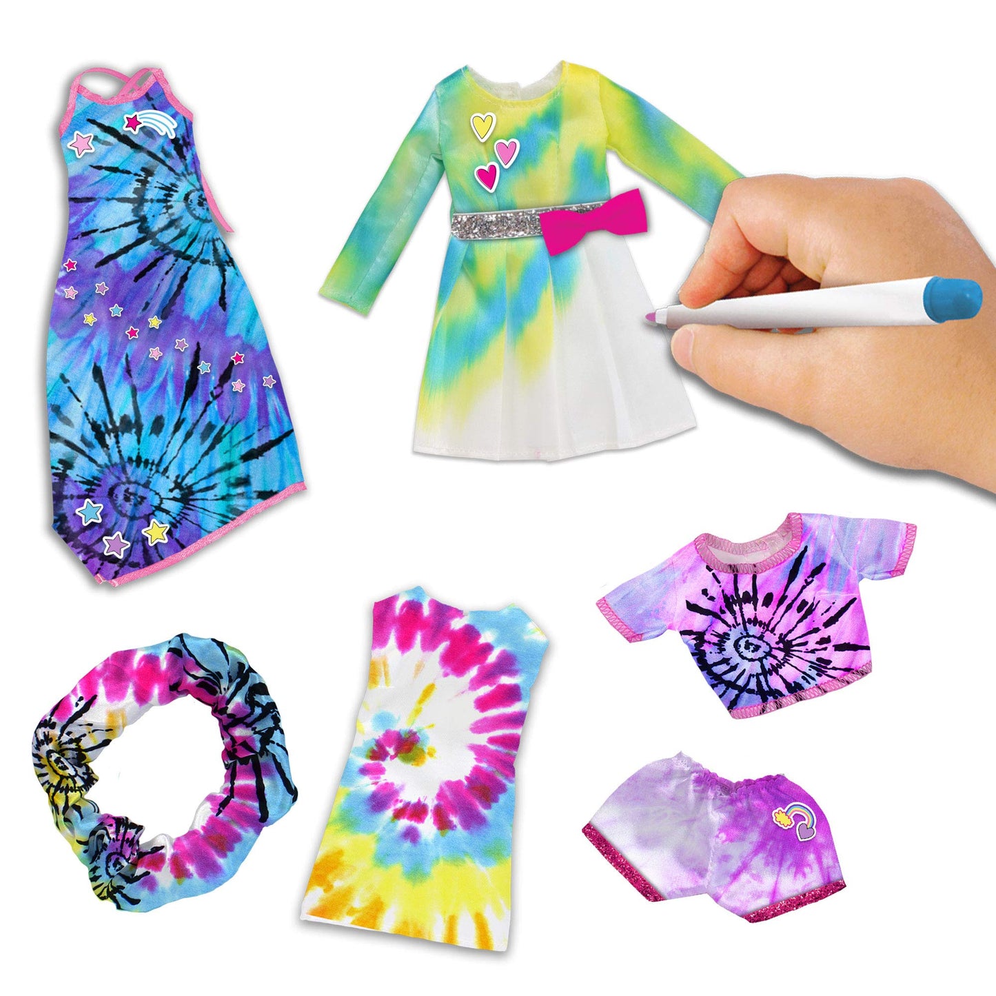 Tara Toys Barbie Tie-Dye Fashion Designer Kit – DIY Design Set for Girls with Dresses, Markers, Stickers & Tools – Create Real Barbie Outfits, Craft Activity for Kids Ages 6+