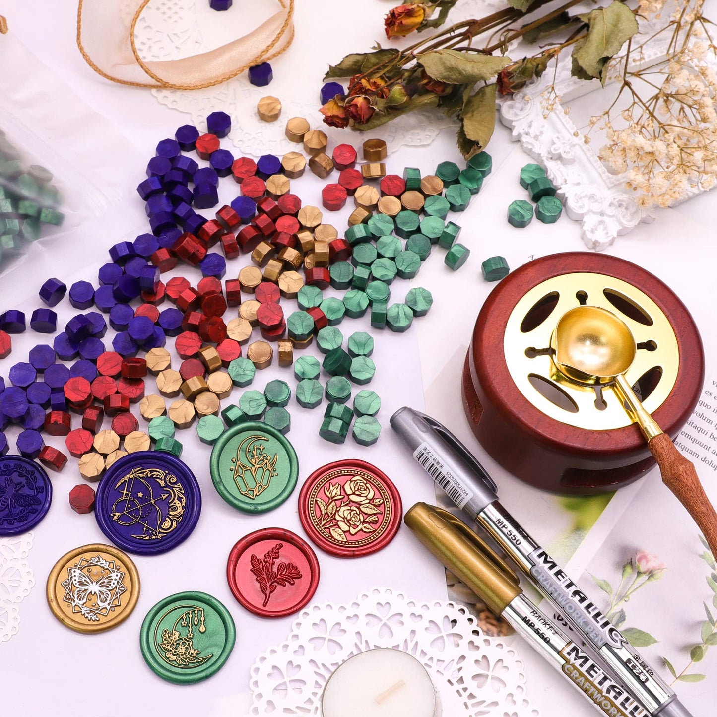 SWANGSA Sealing Wax Kit, 1450pcs Sealing Wax Beads Metallic Green, Wax Seal Warmer, Wax Spoon, Gold Wax Seal Pen and Tealight Candles for Wax Stamp Letter Sealing