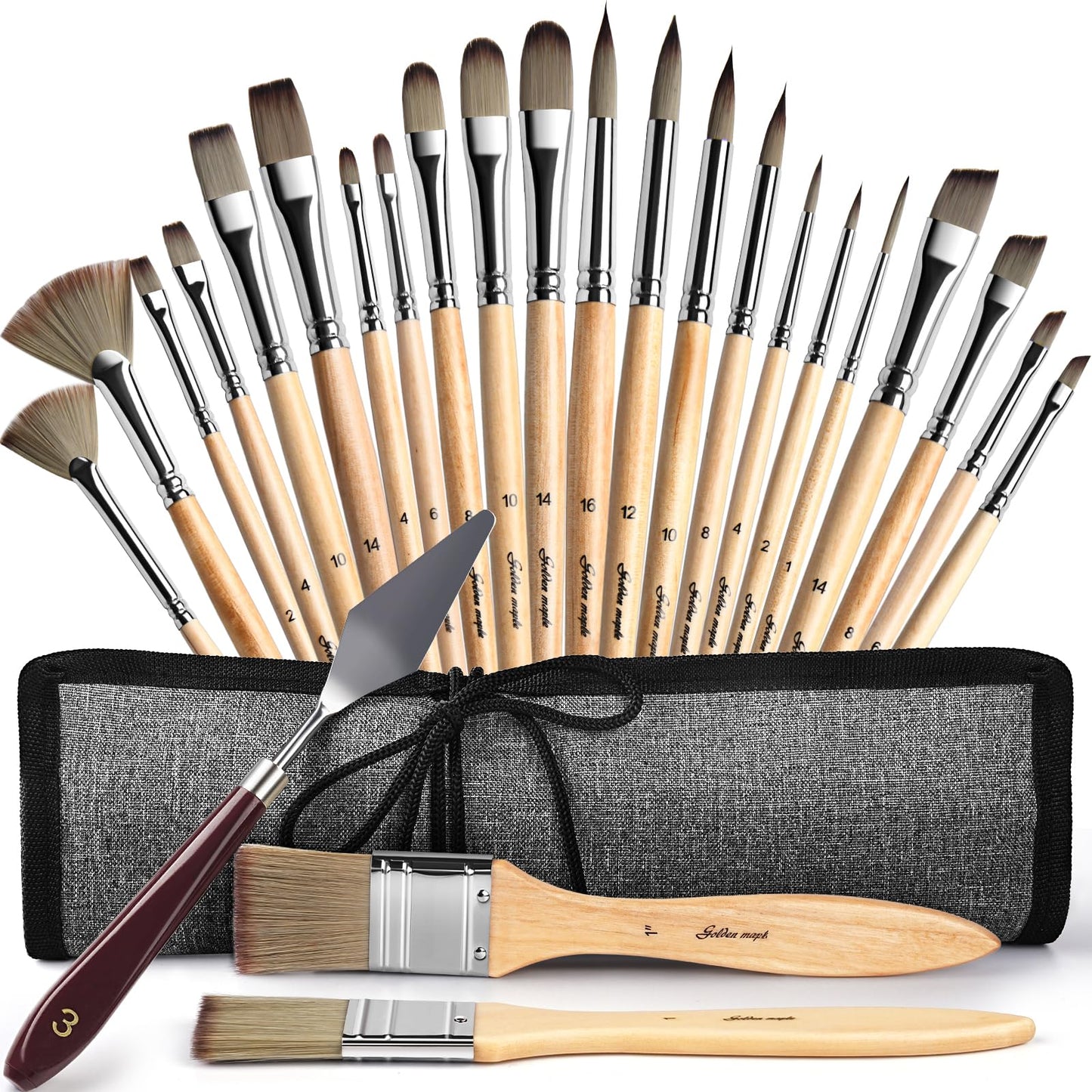 Acrylic Paint Brush Set, Golden Maple 25 PCS Paint Brushes for Acrylic Painting Oil Watercolor & Canvas,Enhanced Synthetic Brush Set with Cloth Roll and Palette Knife