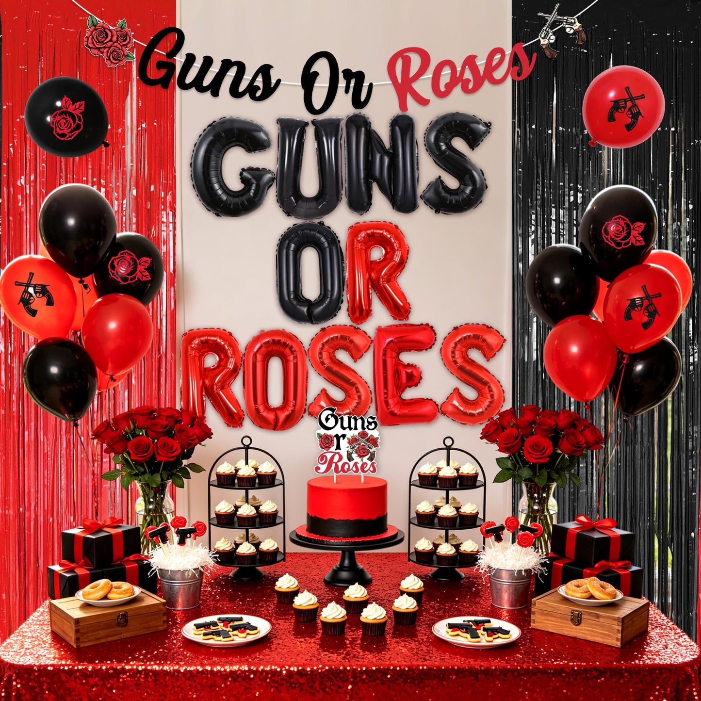 Wonmelody Guns Or Roses Gender Reveal Decorations Red Black Guns Or Roses Banner Cake Topper Balloon Sash Fringes Card Set Gender Reveal Theme Kit for Expecting Parents