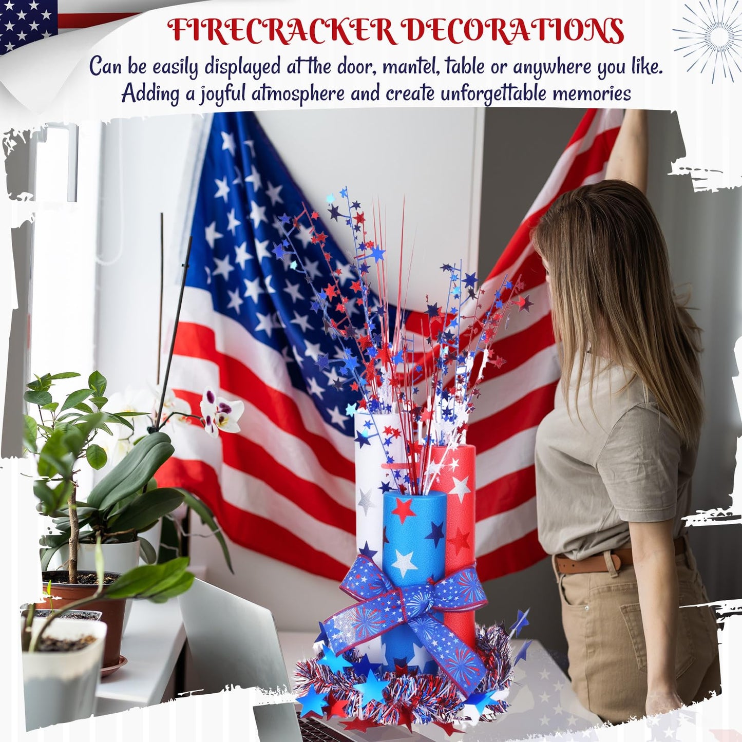 Maasechs 4th of July Foam Firecracker DIY Kits Patriotic Decorations Include Red White Blue Foam Noodles Stars Branches Sticker Ribbon Tinsel Garland for Independence Day Memorial Day Home Party Decor