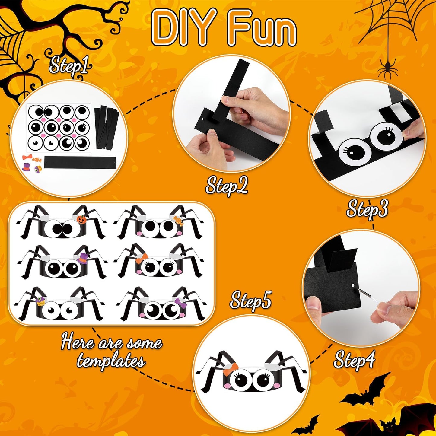 Qyeahkj 24 Sets Halloween Headbands Craft Kits DIY Spider Crown Art Sets Halloween Spider Paper Hat Making Kit DIY Stickers Art & Craft Adjustable Crown Party Decoration Holiday Activities Supplies