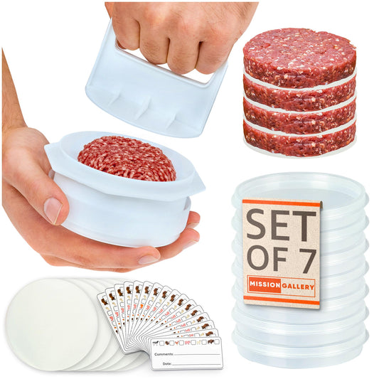 Mission Gallery Hamburger Press Patty Maker - 4 in1, Burger Mold, Patty Press, 7 Storage Containers, 100 Round Papers - Hamburger Patty Maker Tool for BBQ - Burger Shaper for Meat, Veggie Patties