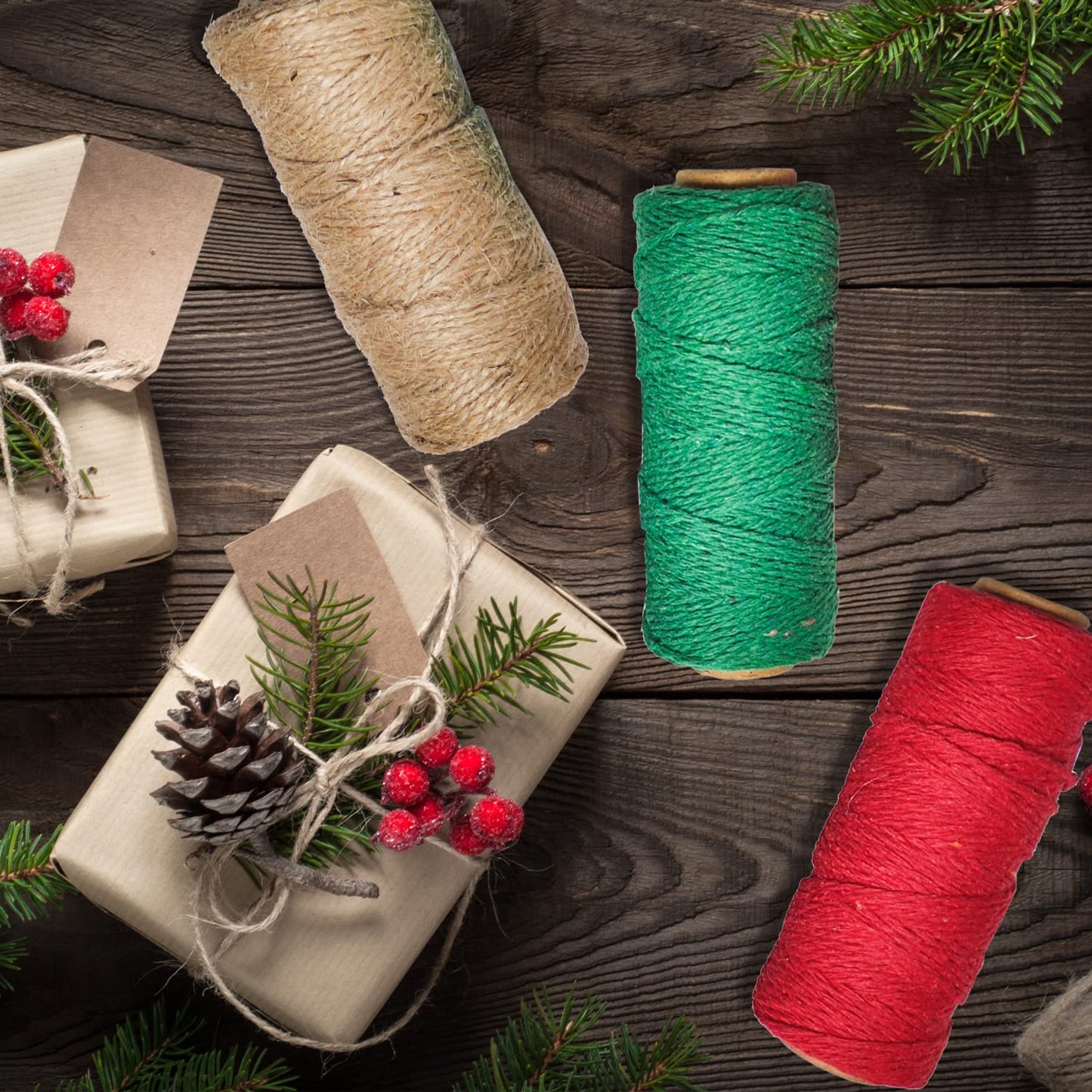 Doumeny 6 Rolls Christmas Cotton Twine 984 Feet Xmas Bakers Cotton String Rope Red Green White Gift Wrapping Cord Natural Jute Ribbon Twine for Holiday Packing Baking Butchers DIY Handmade Arts Crafts