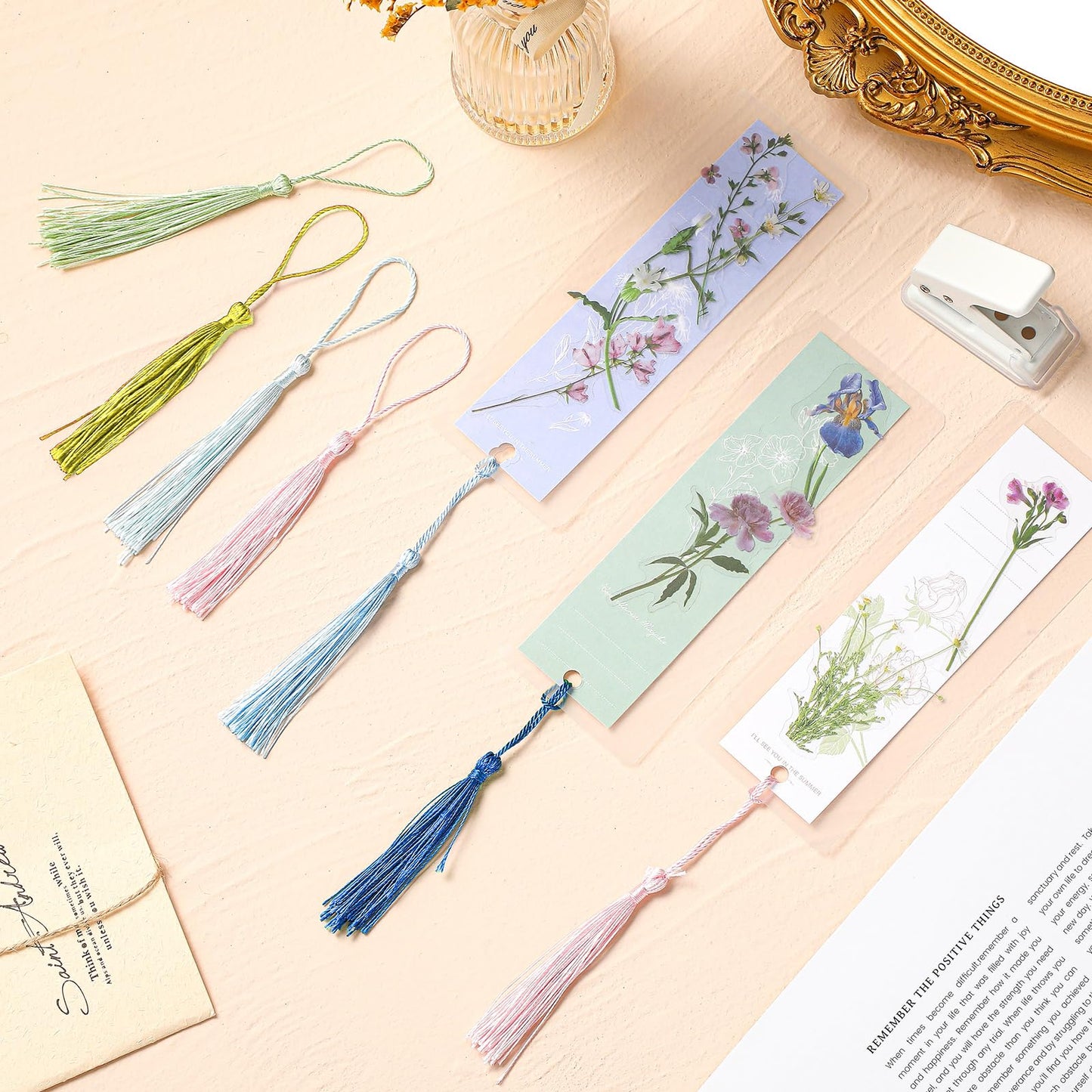 Fuyoooo 301 Pcs DIY Bookmark Making Kit 150 Bookmark Laminating Pouches 5 Mil Hot Laminator Sleeves with 150 Tassels and Puncher Fit Most Pouch Laminating Machines (Dark Color,2.36 x 6.3 Inches)