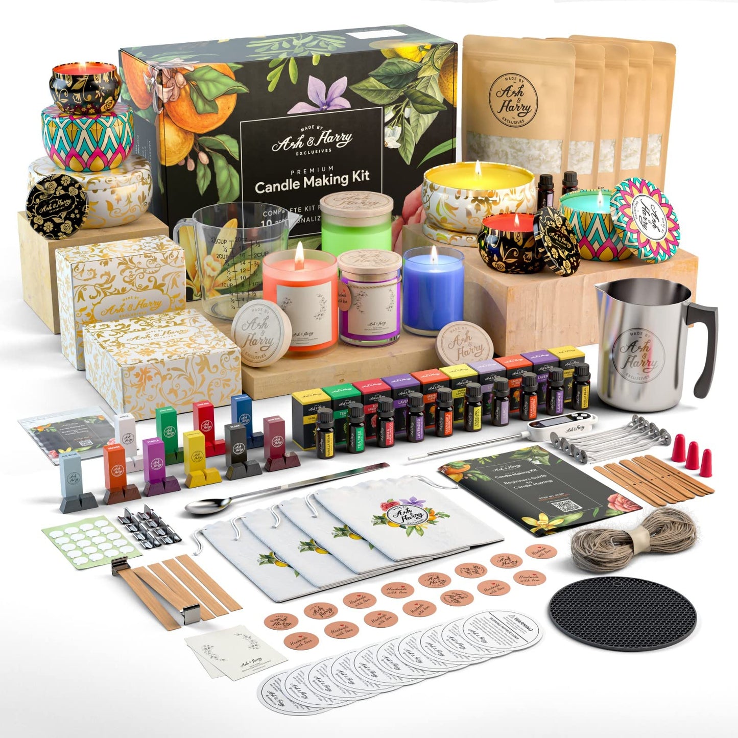 ASH & HARRY Premium Soy Candle Making Kit for Adults, Complete Gift Set with 10 Premium Tins & Jars, DIY Starter Candle Making Supplies, Perfect Home Decorations Holiday Gift Which Makes 10 Candles
